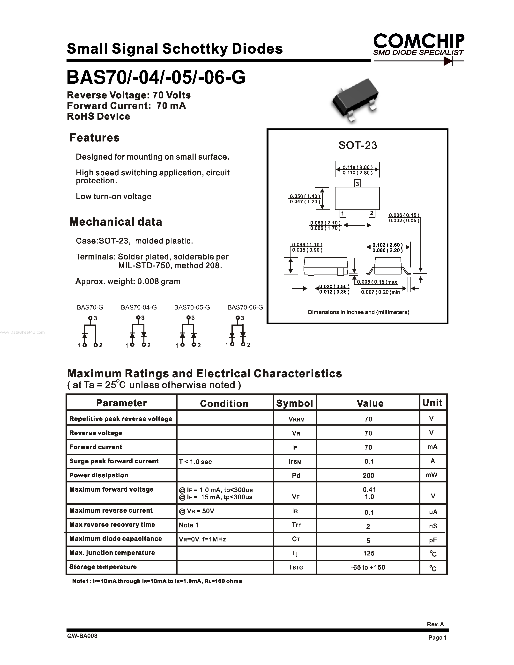 Datasheet BAS70-04-G - Small Signal Schottky Diodes page 1