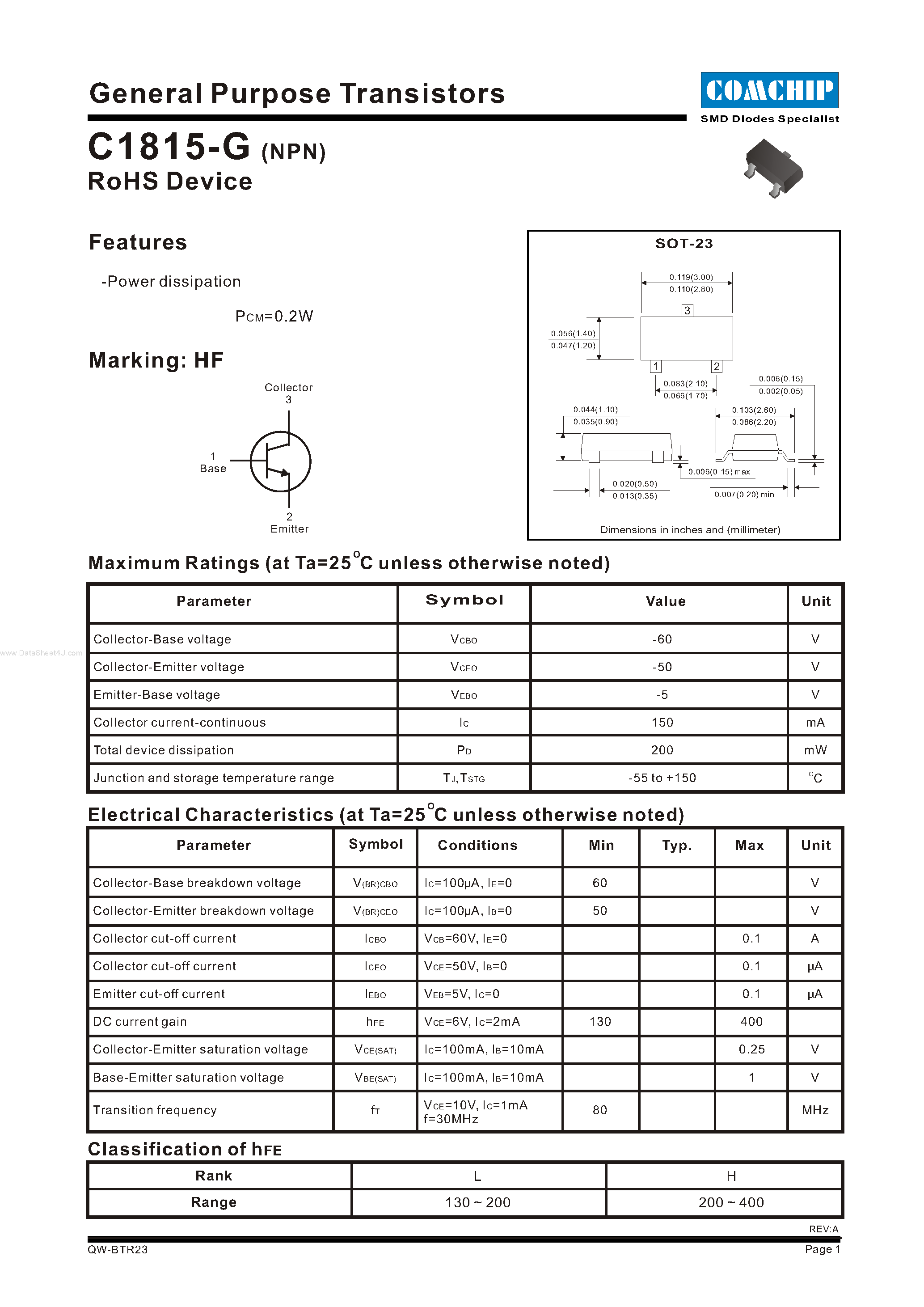 Даташит C1815-G - General Purpose transistors страница 1