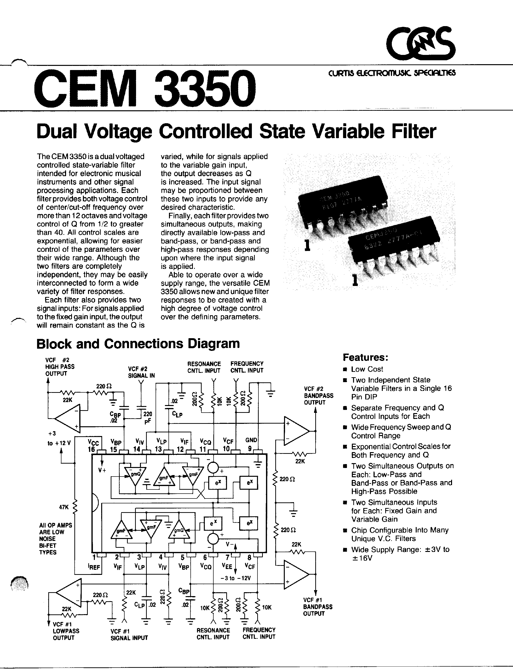 Datasheet CEM3350 page 1 Datasheet CEM3350 - Dual Voltage Controlled State Variable Filter page 1