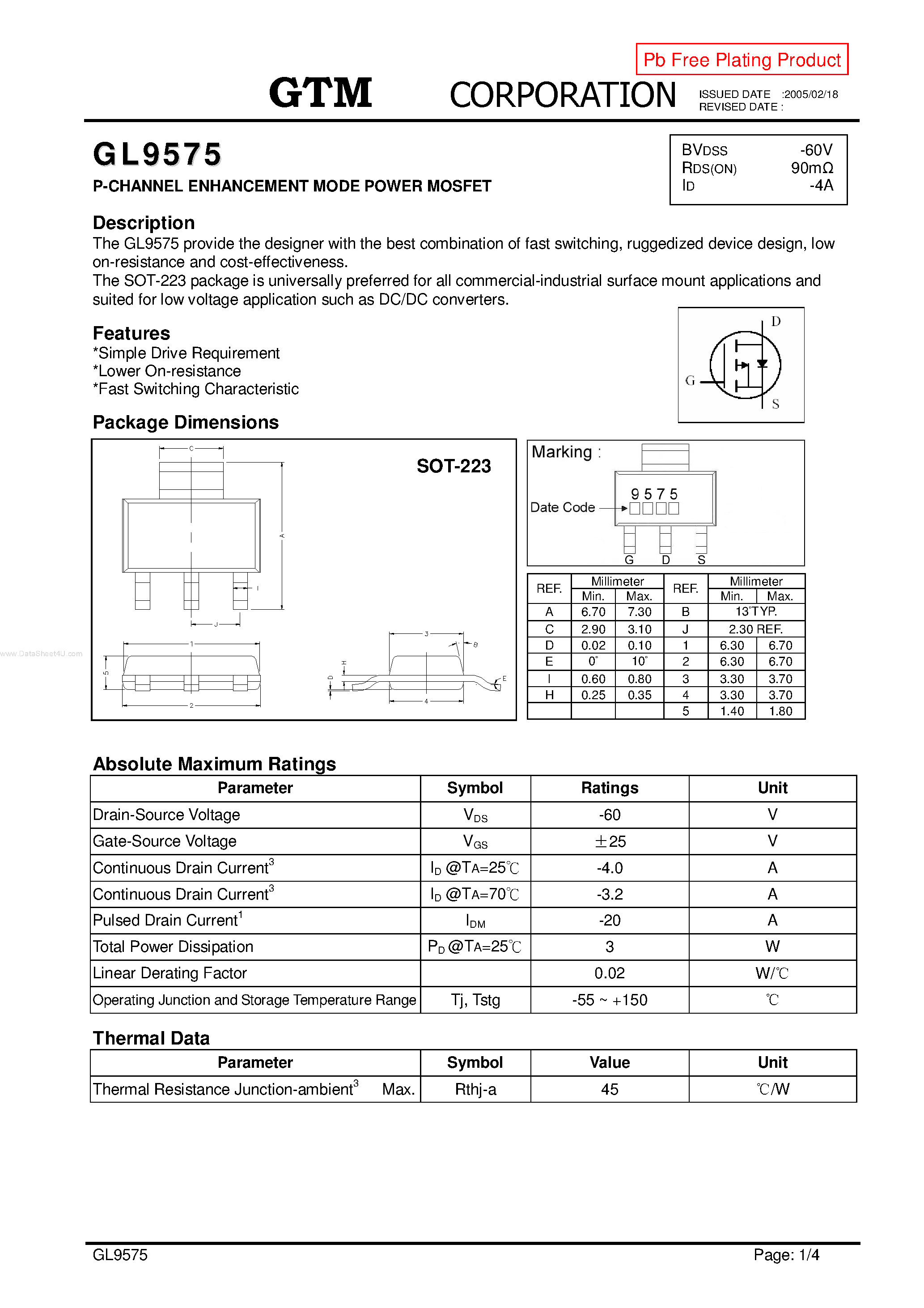 Datasheet GL9575 page 1 Datasheet GL9575 - P-CHANNEL ENHANCEMENT MODE POWER MOSFET page 1