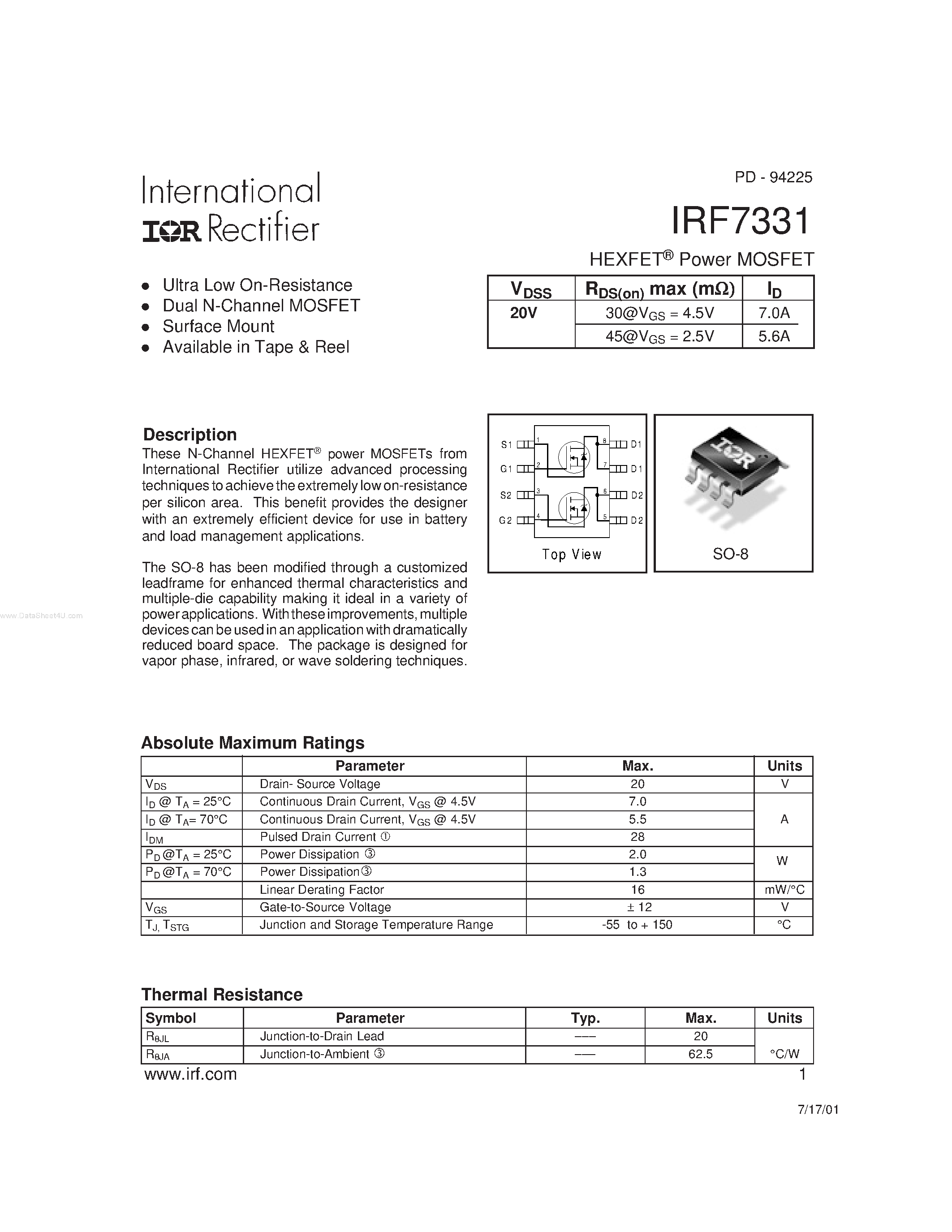 Datasheet IRF7331 - HEXFET Power MOSFET page 1