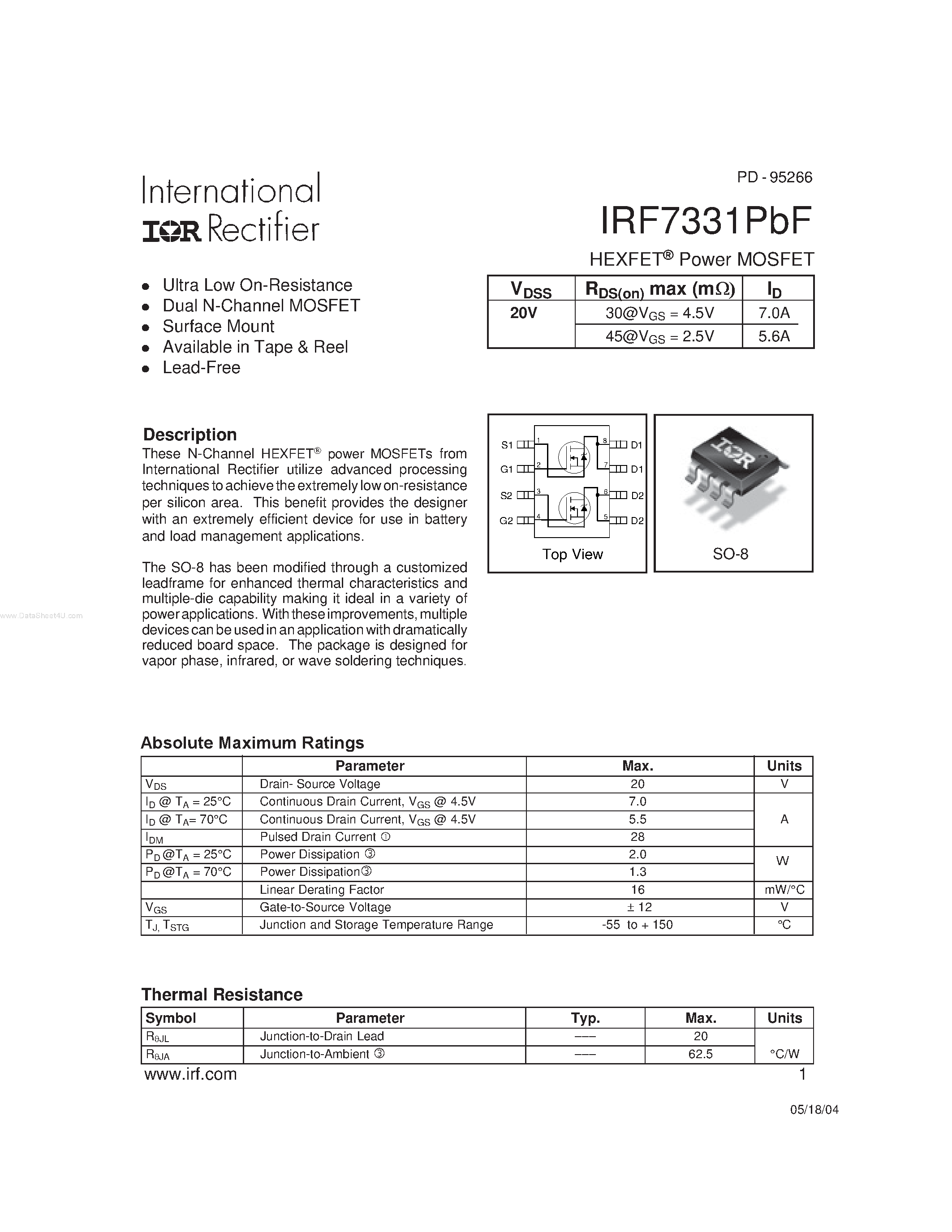 Datasheet IRF7331PbF - HEXFET Power MOSFET page 1