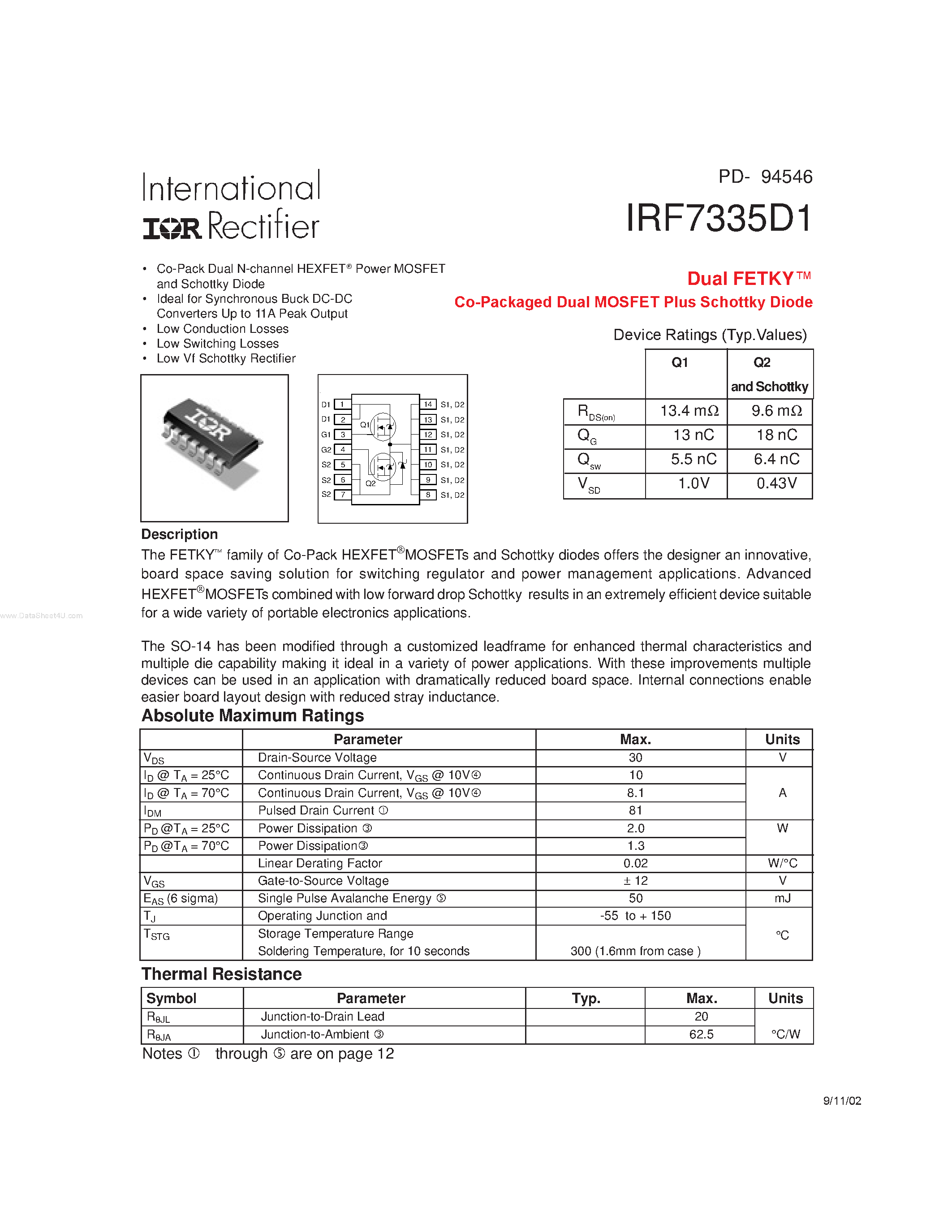 Datasheet IRF7335D1 - Dual FETKY CO-PACKAGED DUAL MOSFET PLUS SCHOTTKY DIODE page 1