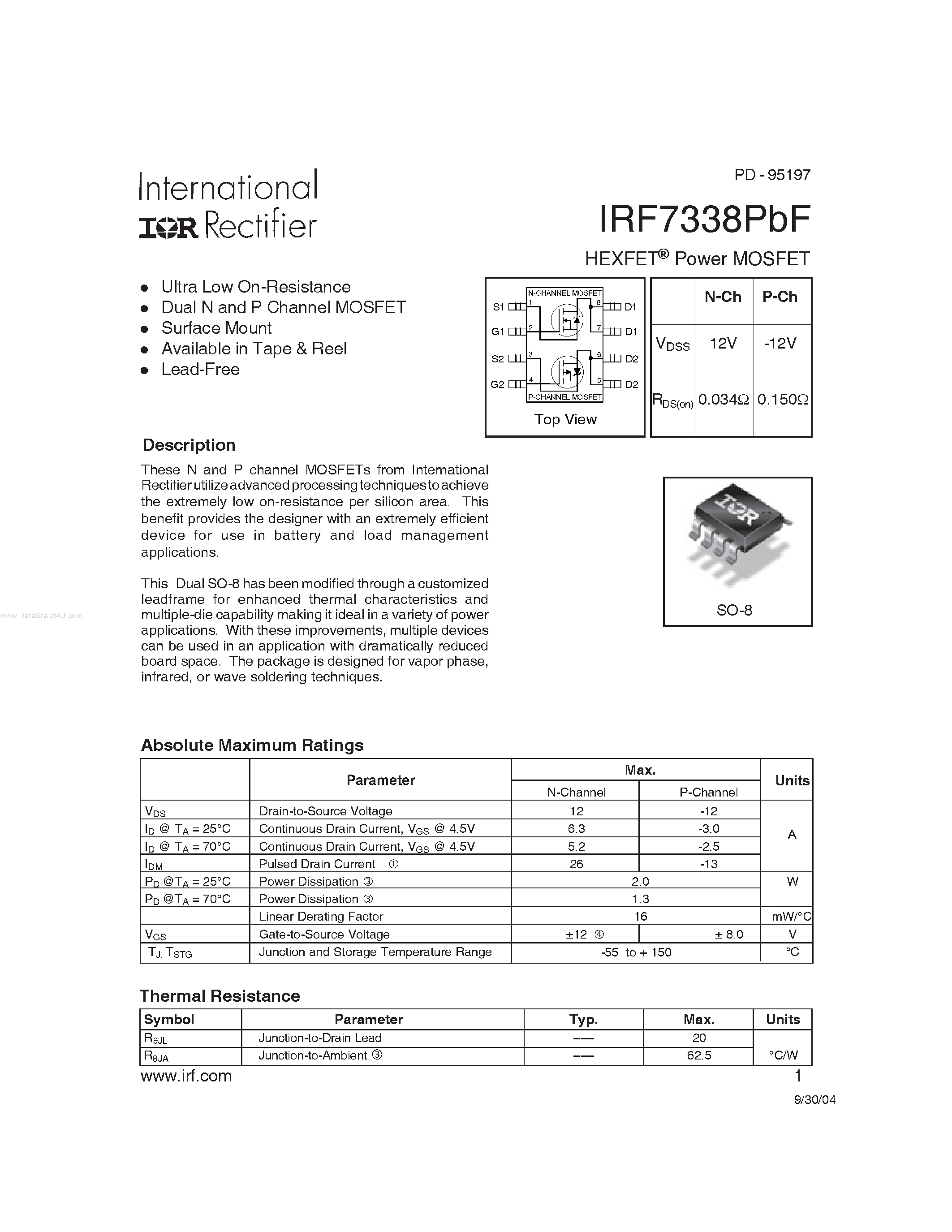 Datasheet IRF7338PBF page 1 Datasheet IRF7338PBF - HEXFET Power MOSFET page 1