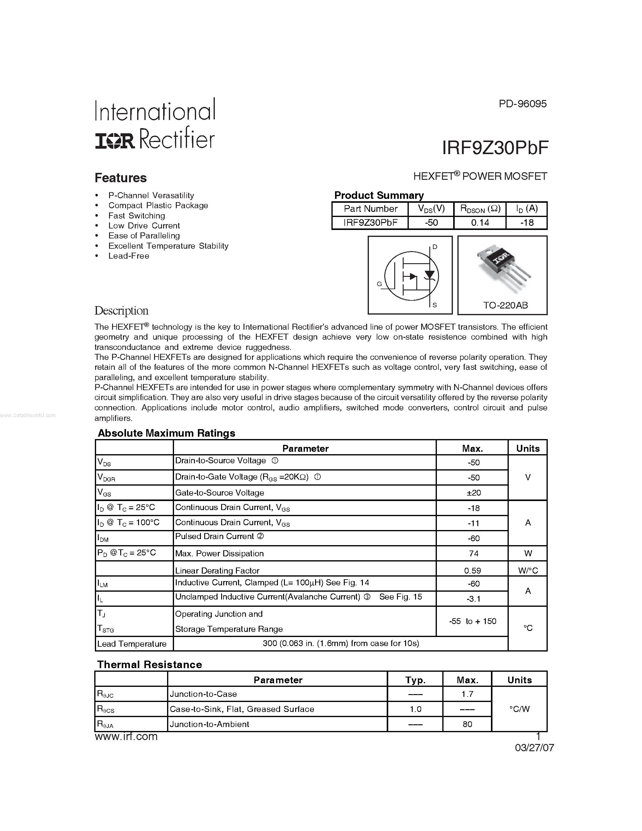 Datasheet IRF9Z30PBF - HEXFET POWER MOSFET page 1