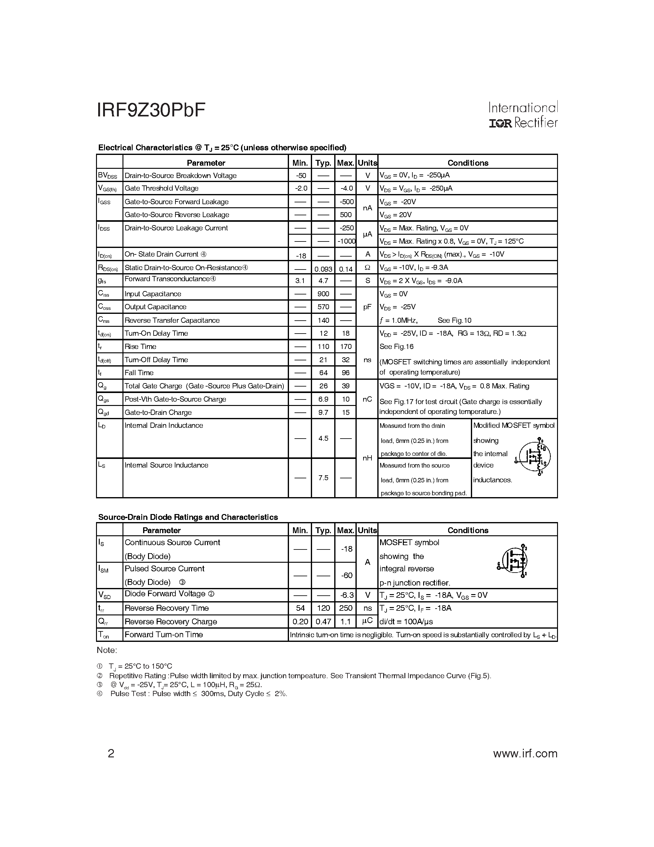 Datasheet IRF9Z30PBF - HEXFET POWER MOSFET page 2