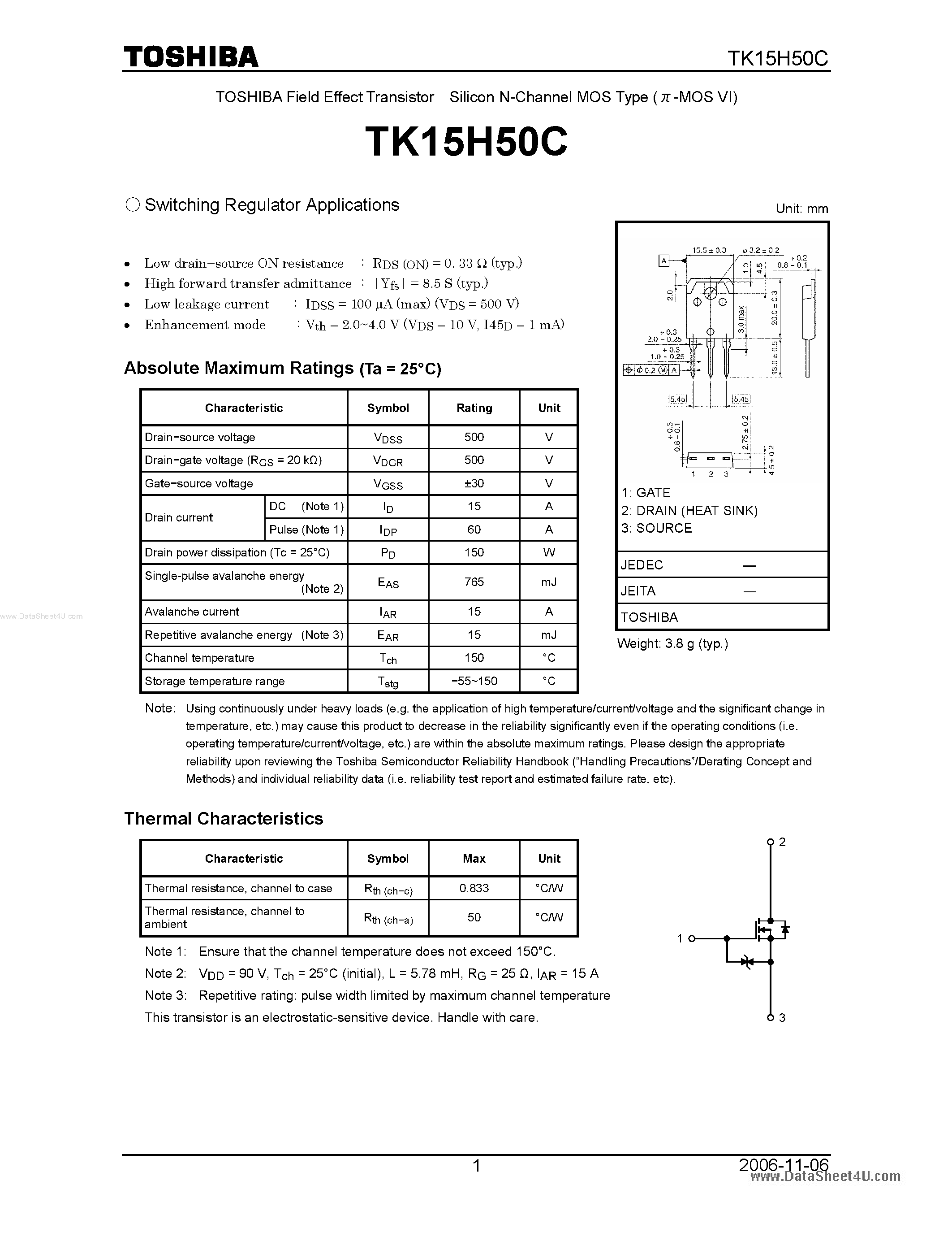 Datasheet TK15H50C page 1 Datasheet TK15H50C - Switching Regulator Applications page 1