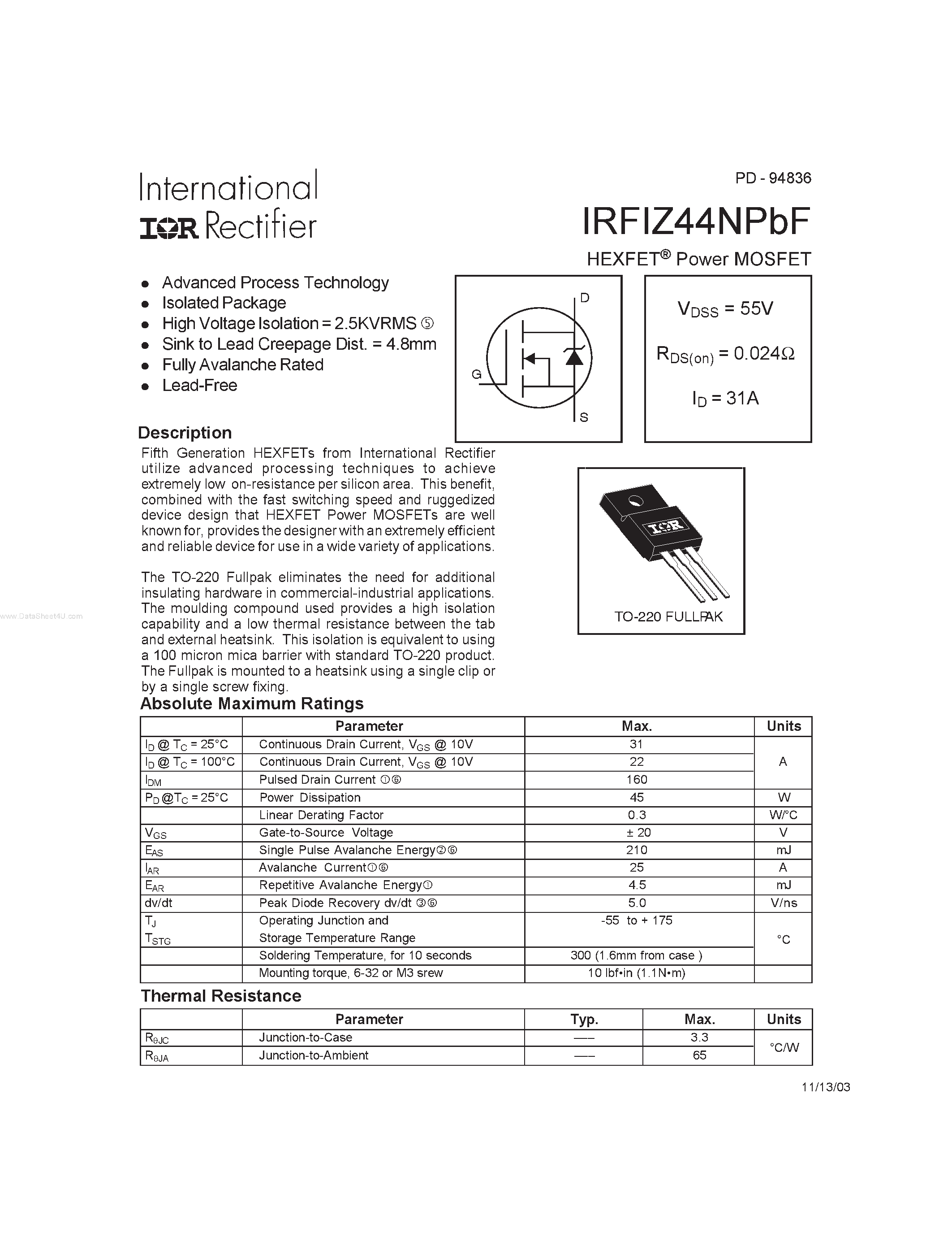 Datasheet IRFIZ44NPBF - HEXFET Power MOSFET page 1