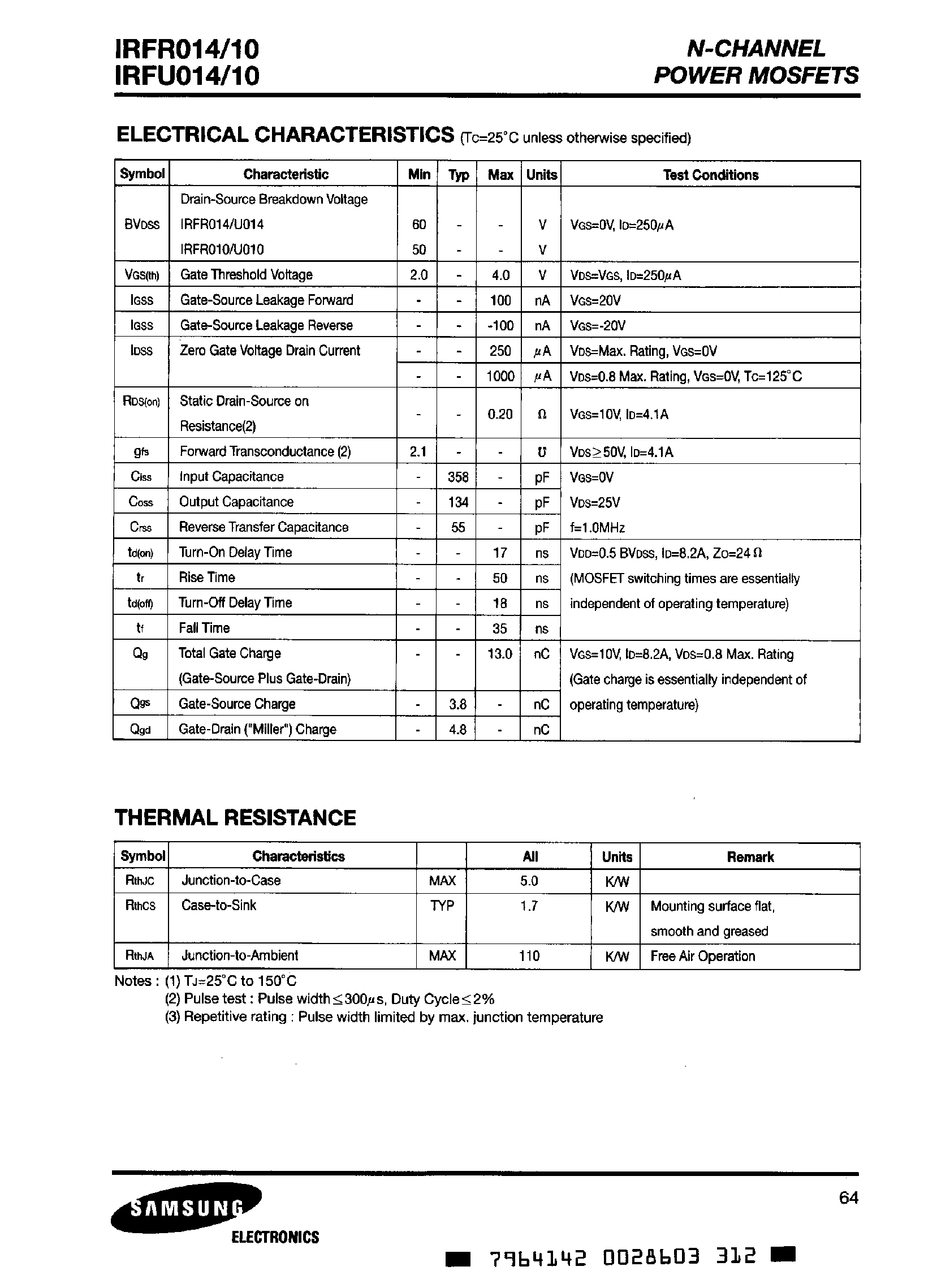 Datasheet IRFR010 - (IRFR014 / IRFR010) N-CHANNEL POWER MOSFET page 2