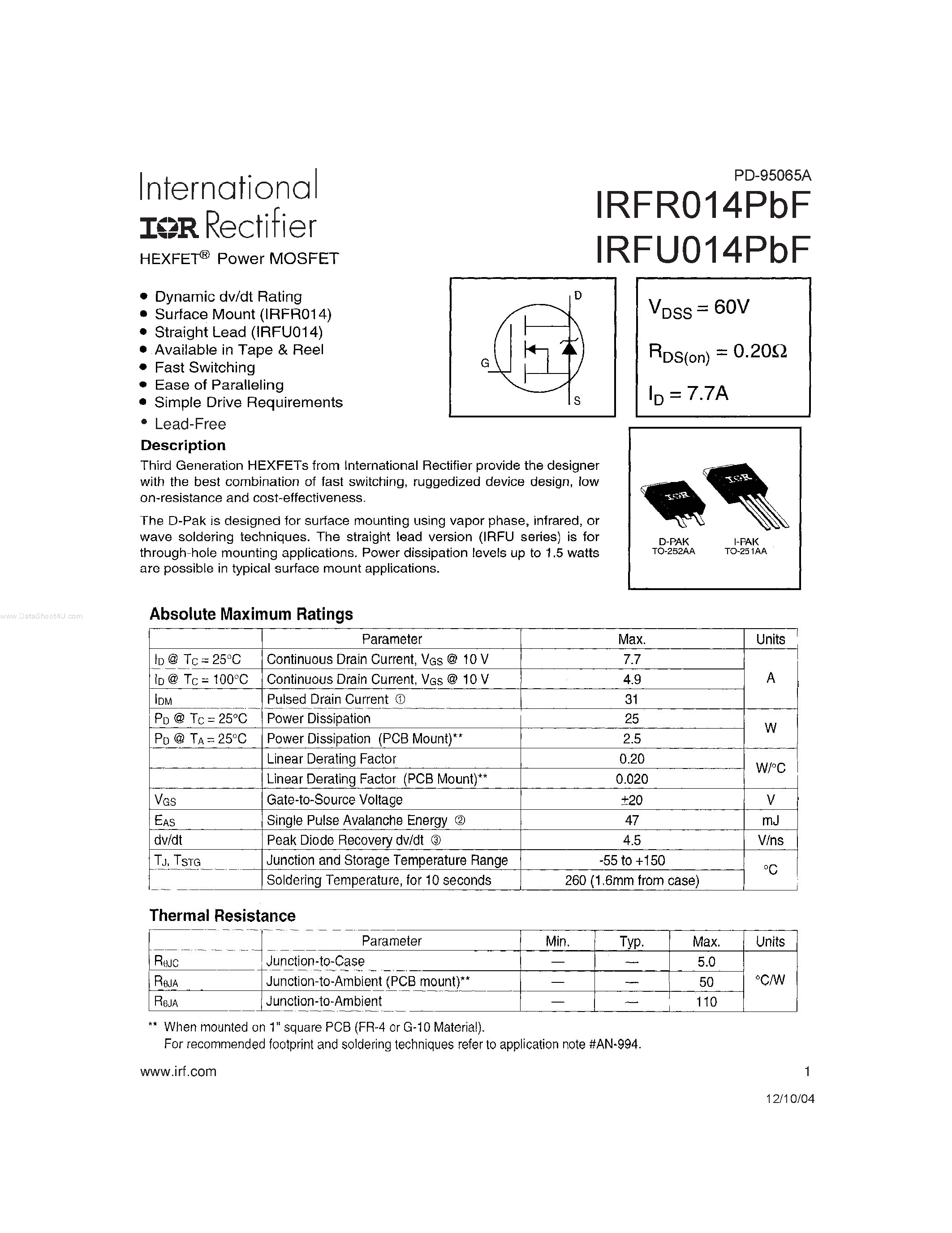 Datasheet IRFR014PBF - HEXFET Power MOSFET page 1