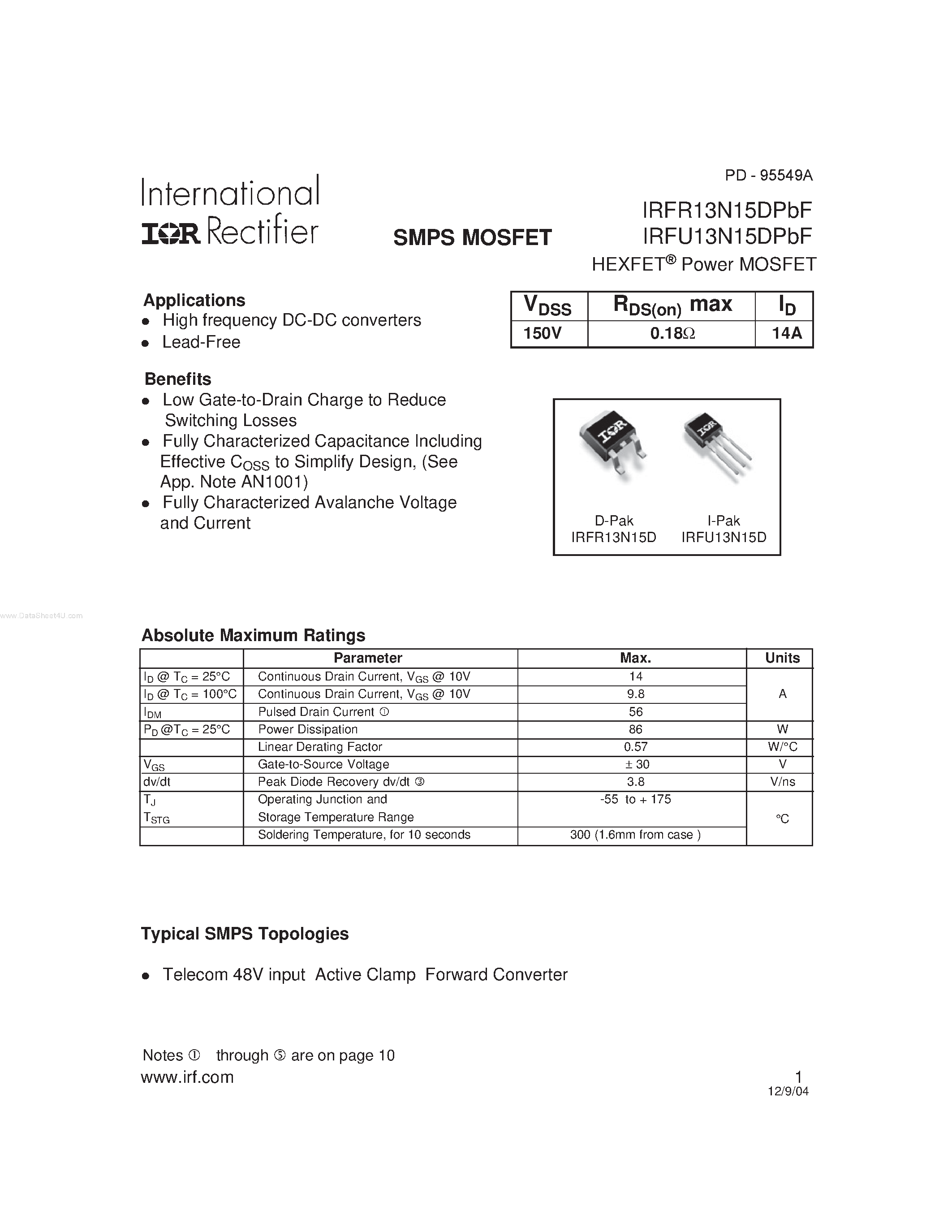 Datasheet IRFR13N15DPBF - HEXFET Power MOSFET page 1