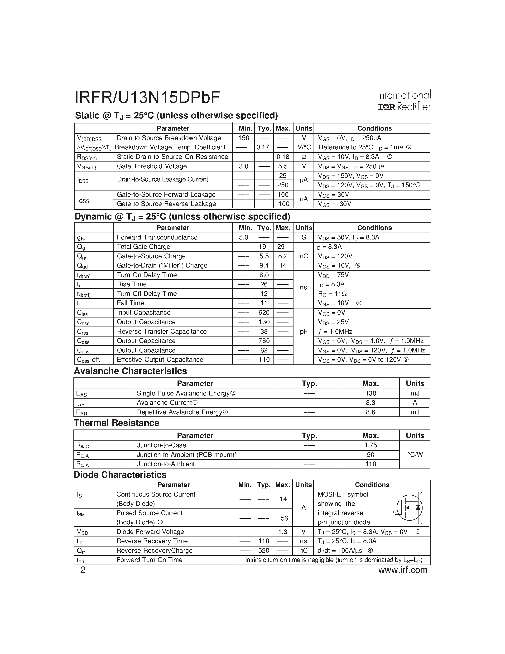 Datasheet IRFR13N15DPBF - HEXFET Power MOSFET page 2