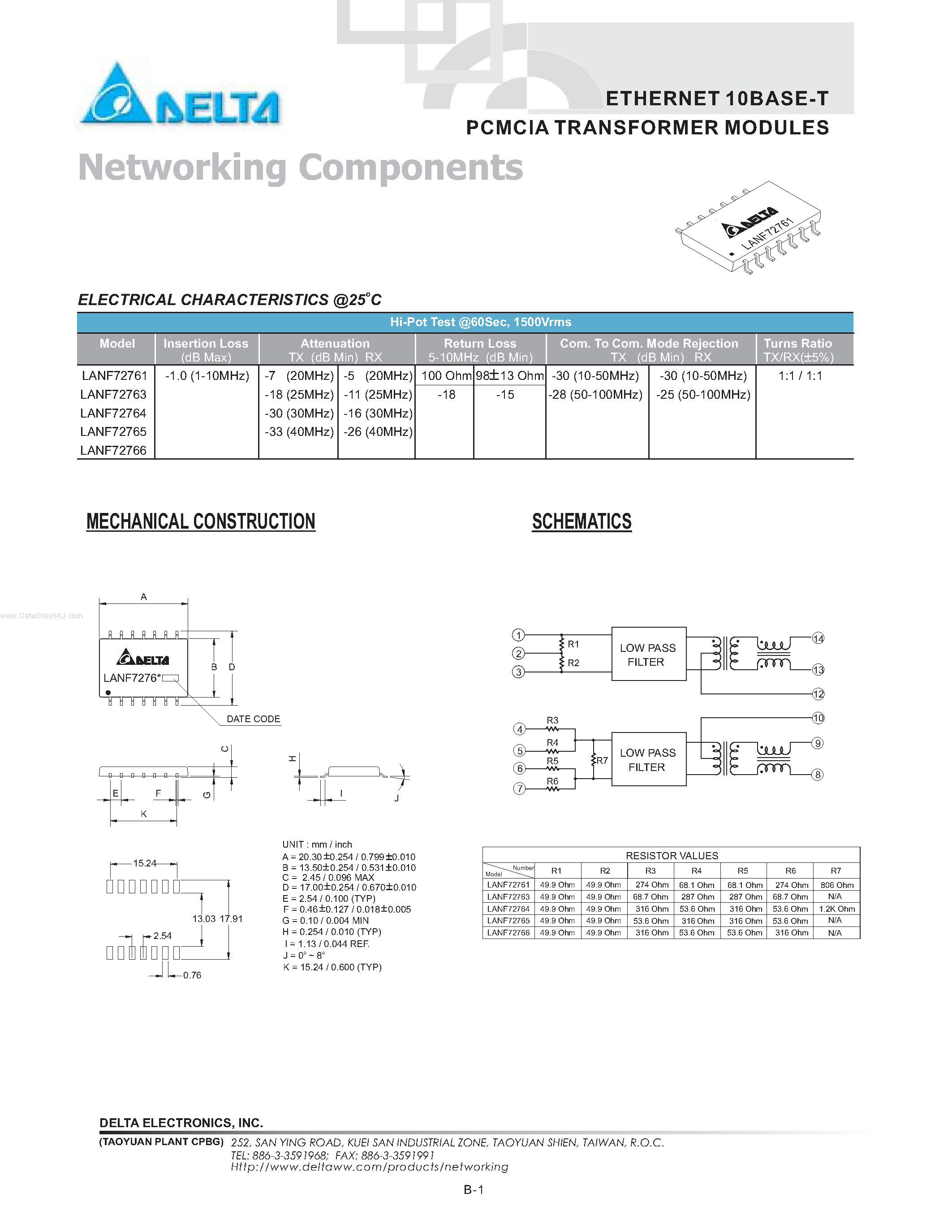 Даташит LANF72761 - (LANF72761 - LANF72766) ETHERNET 10BASE-T PCMCIA TRANSFORMER MODULES страница 1