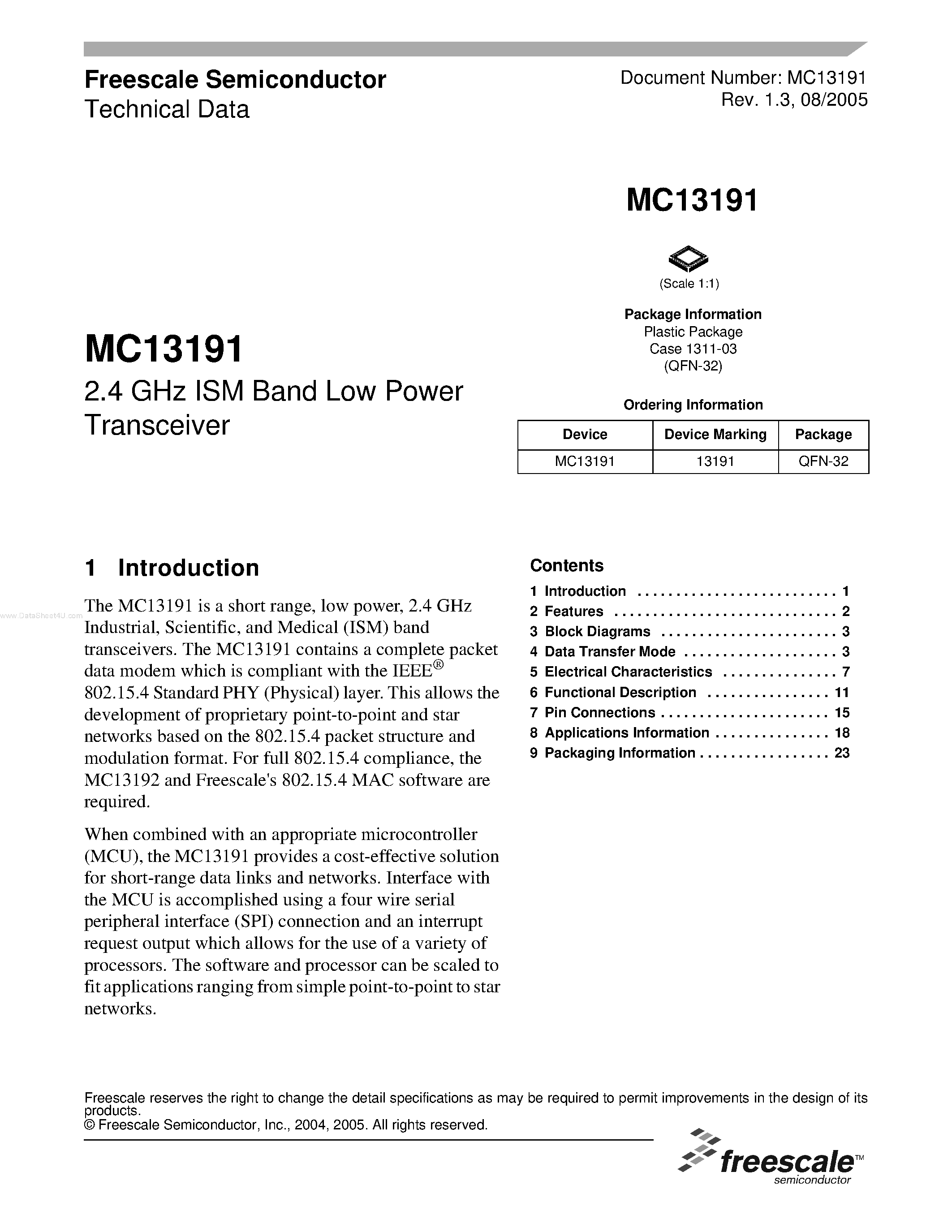 Даташит на микросхему MC13191 страница 1 Даташит MC13191 - 2.4 GHz ISM Band Low Power Transceiver страница 1