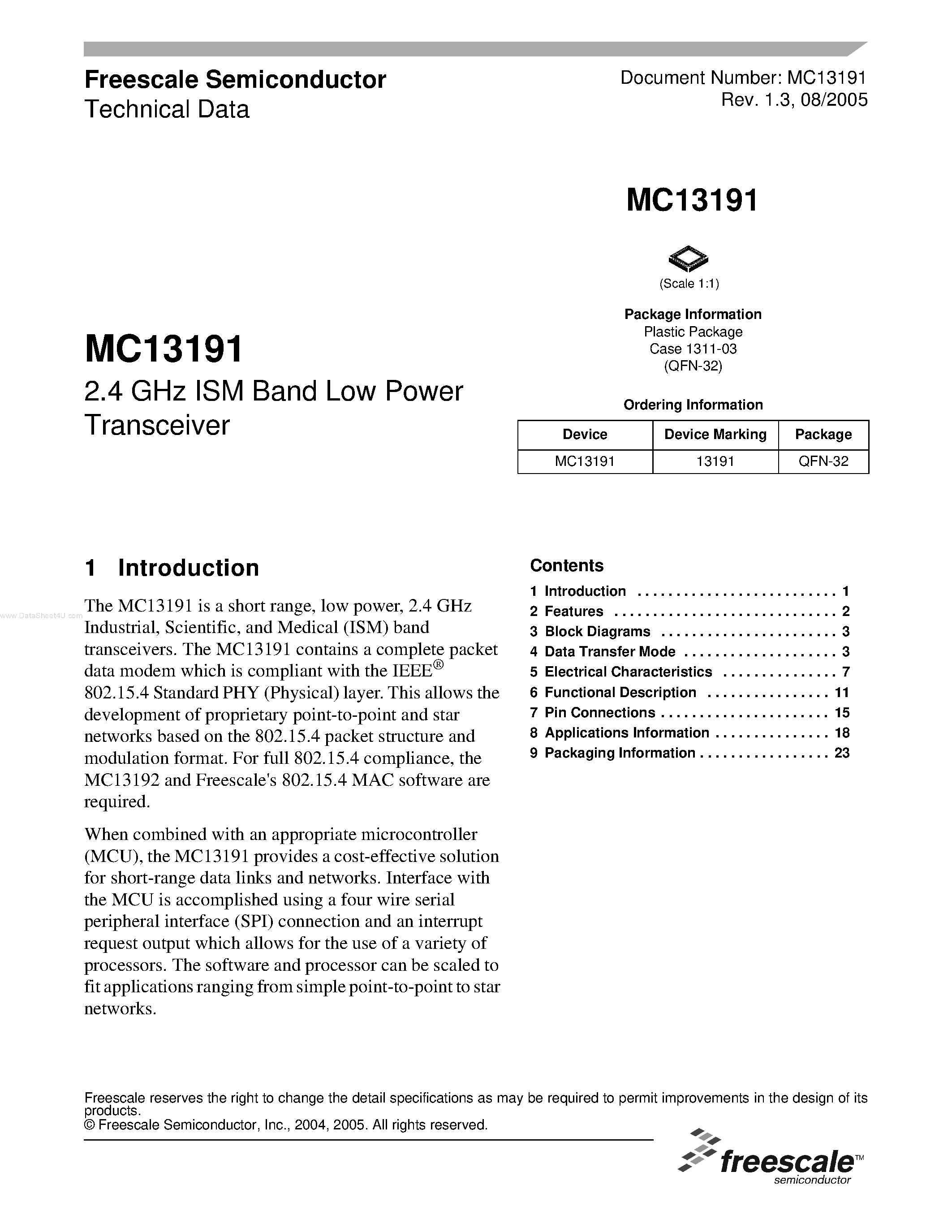 Datasheet MC13191 - 2.4 GHz ISM Band Low Power Transceiver page 1