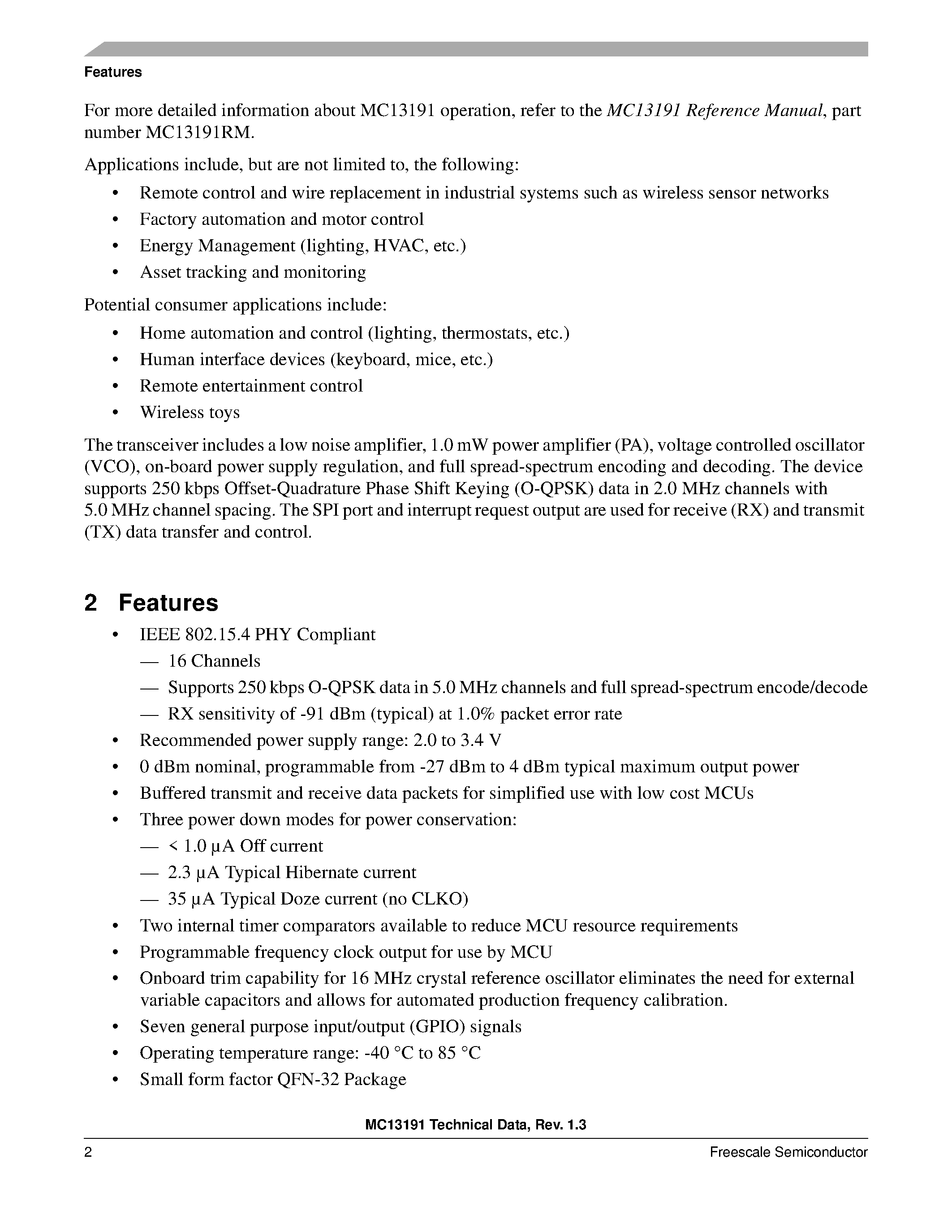 Даташит на микросхему MC13191 страница 2 Даташит MC13191 - 2.4 GHz ISM Band Low Power Transceiver страница 2