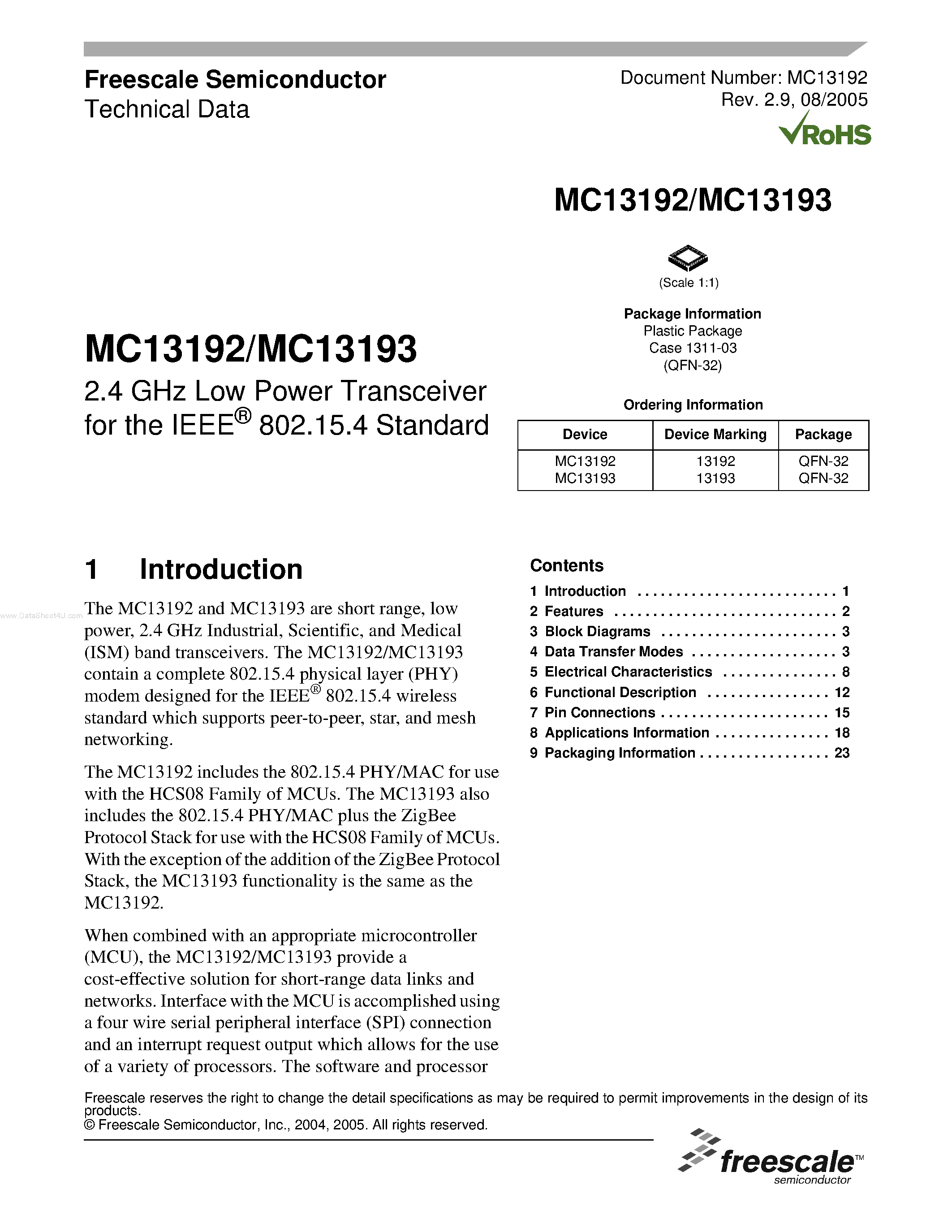 Datasheet MC13192 - (MC13192 / MC13193) 2.4 GHz Low Power Transceiver page 1