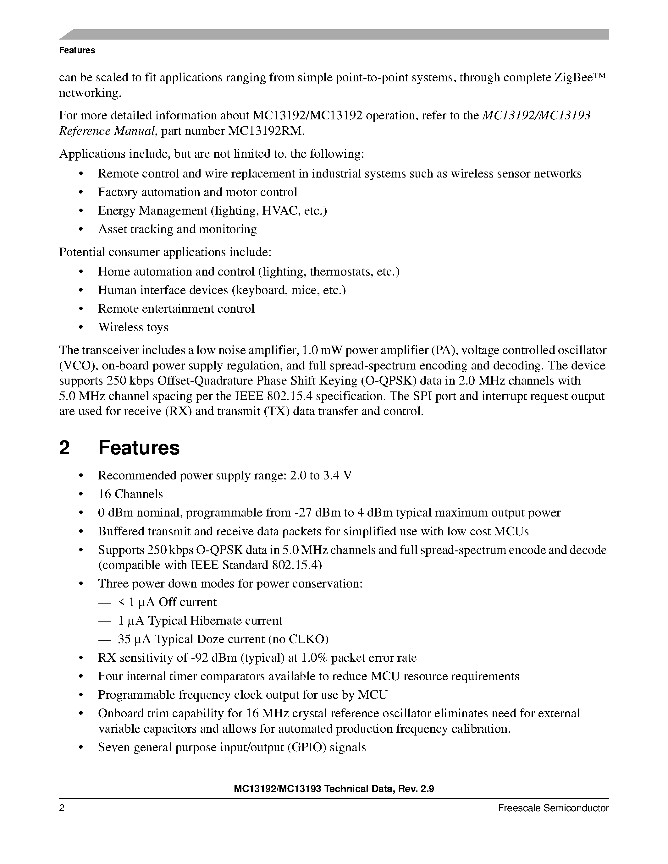 Datasheet MC13192 - (MC13192 / MC13193) 2.4 GHz Low Power Transceiver page 2