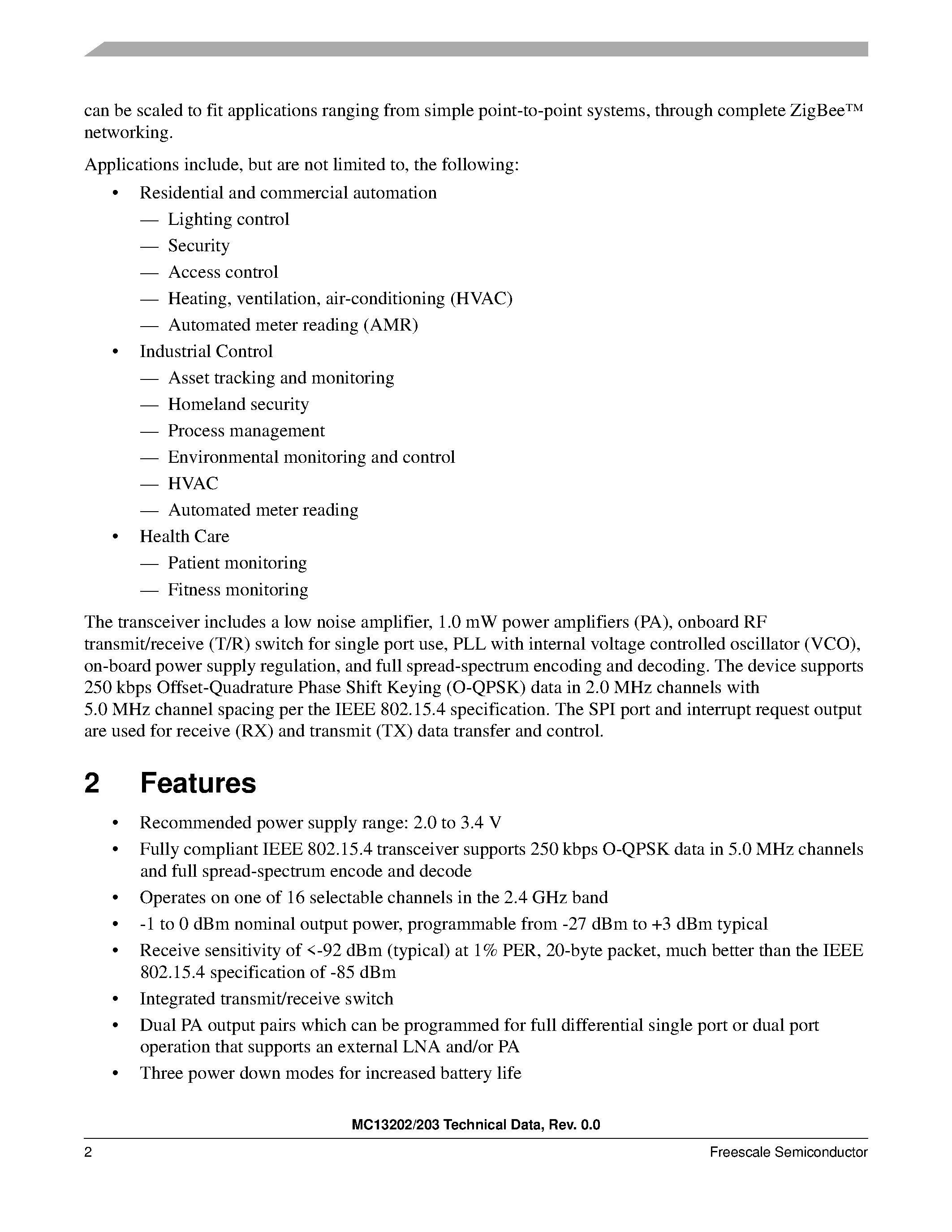 Datasheet MC13202 - (MC13202 / MC13203) 2.4 GHz Low Power Transceiver page 2