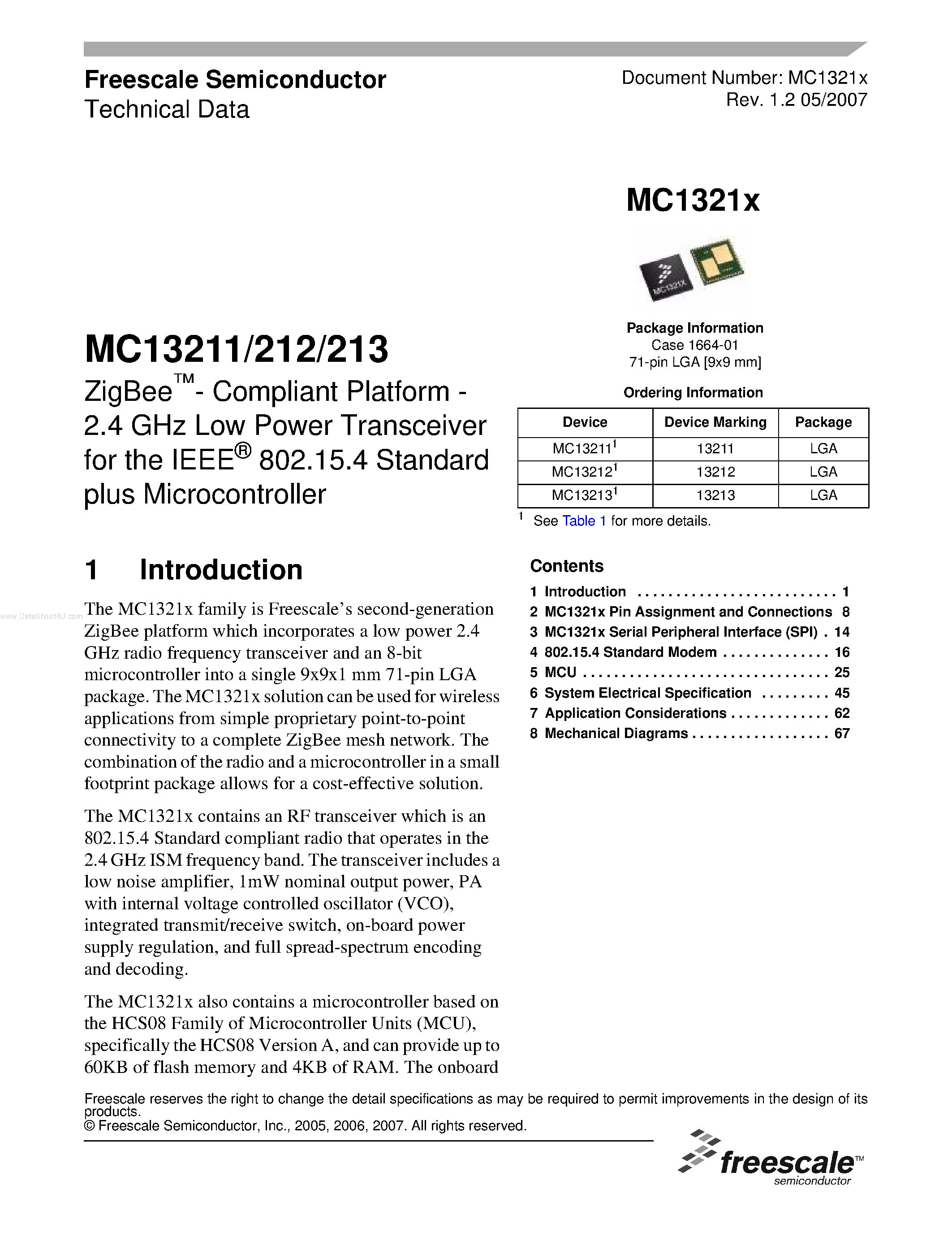 Datasheet MC13211 - 2.4 GHz Low Power Transceiver page 1