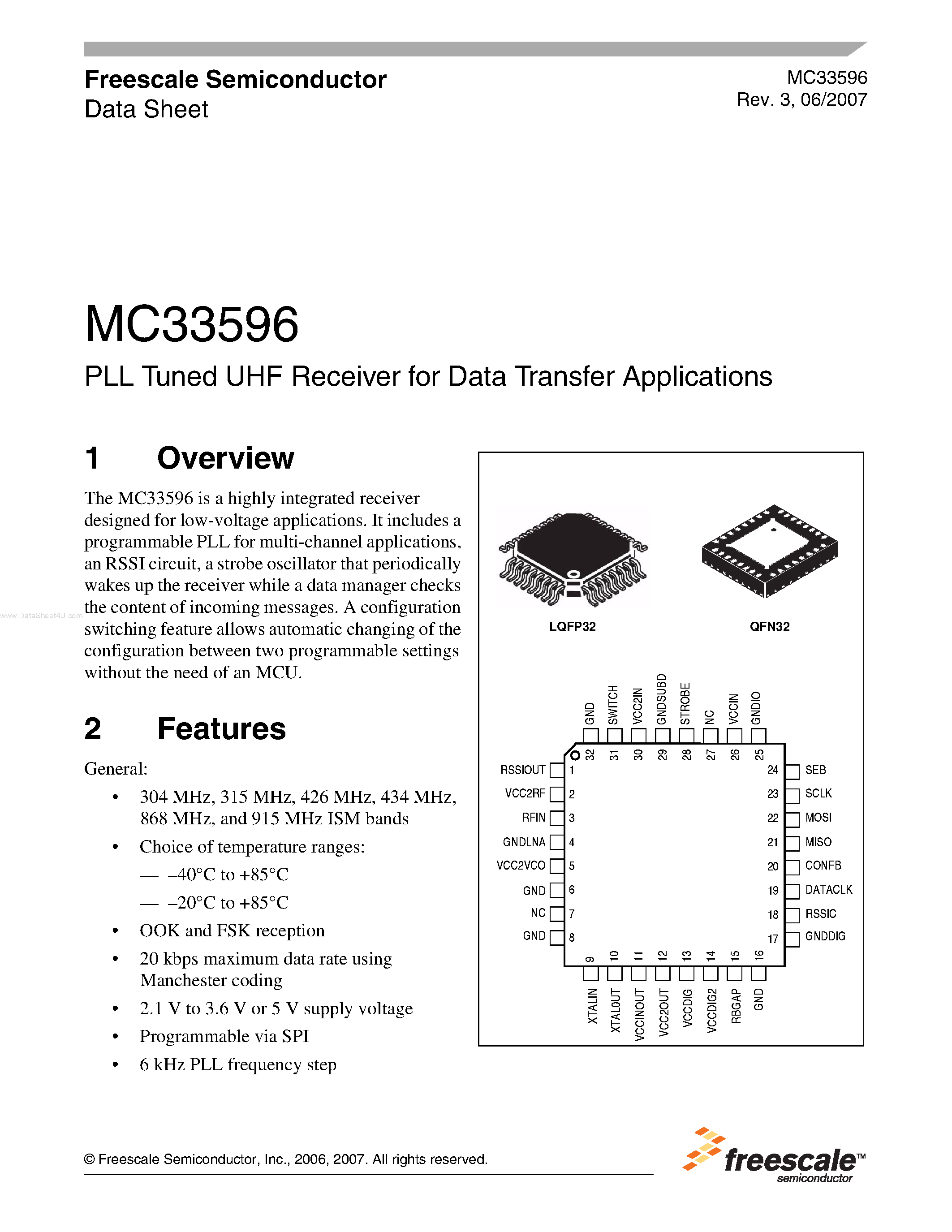 Datasheet MC33596 - PLL Tuned UHF Receiver page 1