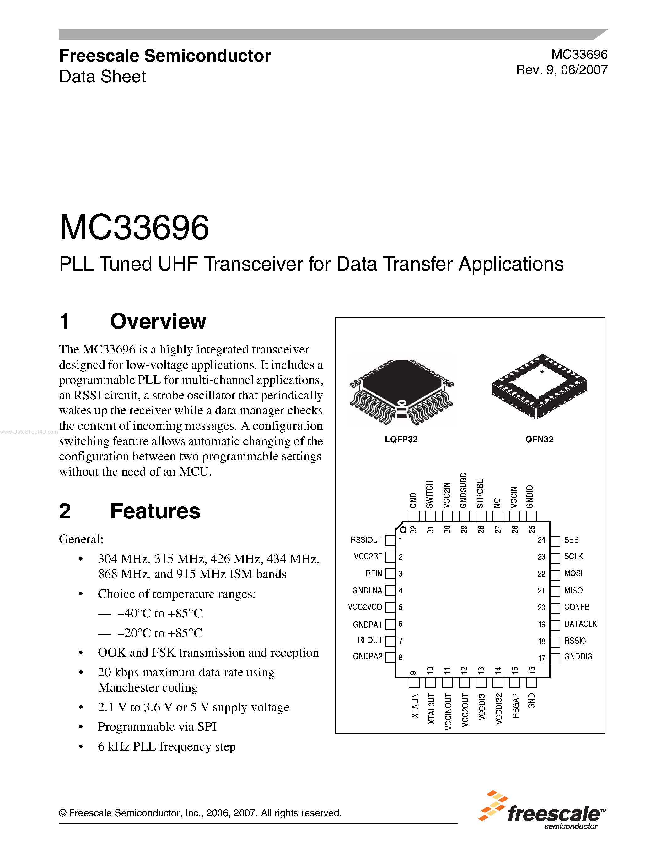 Datasheet MC33696 page 1 Datasheet MC33696 - PLL Tuned UHF Transceiver page 1