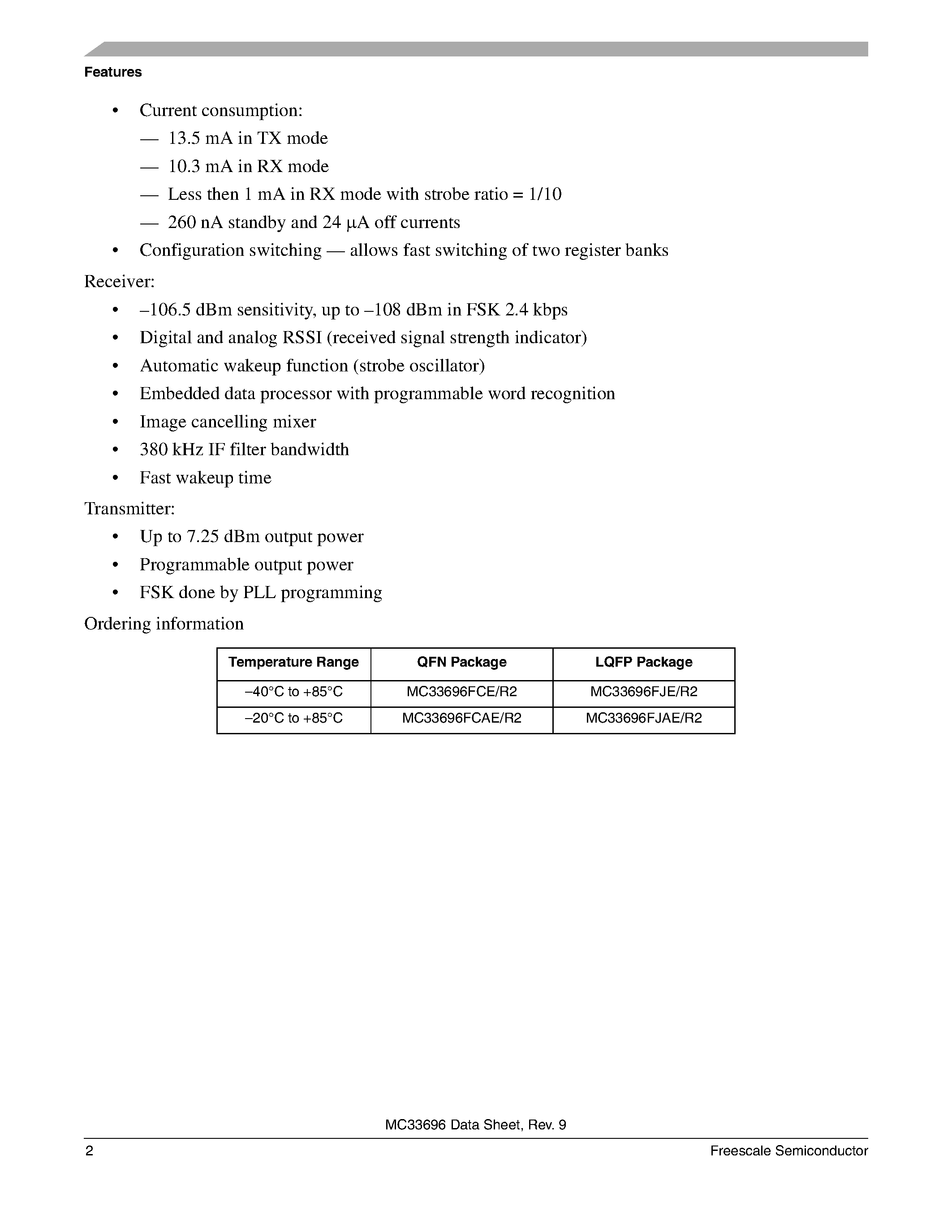 Datasheet MC33696 page 2 Datasheet MC33696 - PLL Tuned UHF Transceiver page 2
