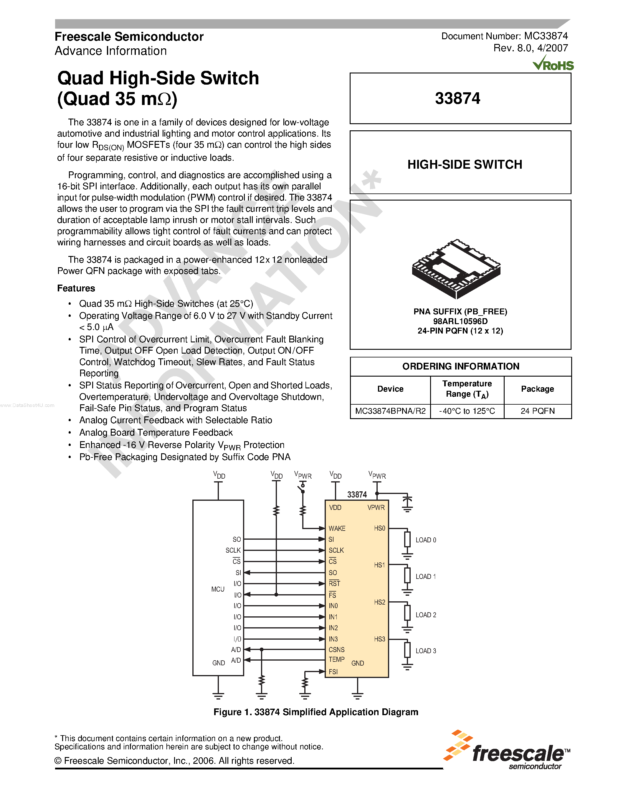 Datasheet MC33874 page 1 Datasheet MC33874 - Quad High-Side Switch page 1