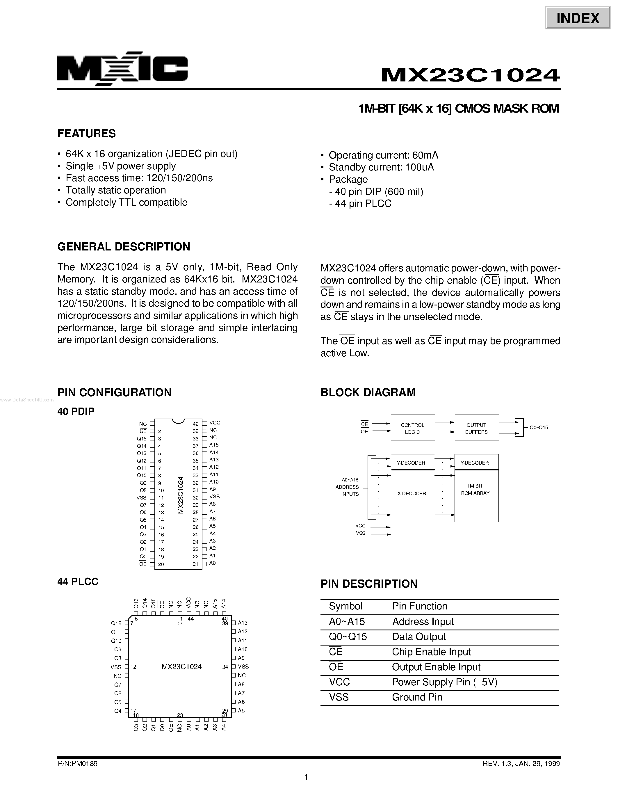 Datasheet MX23C1024 - 1M-BIT [64K x 16] CMOS MASK ROM page 1