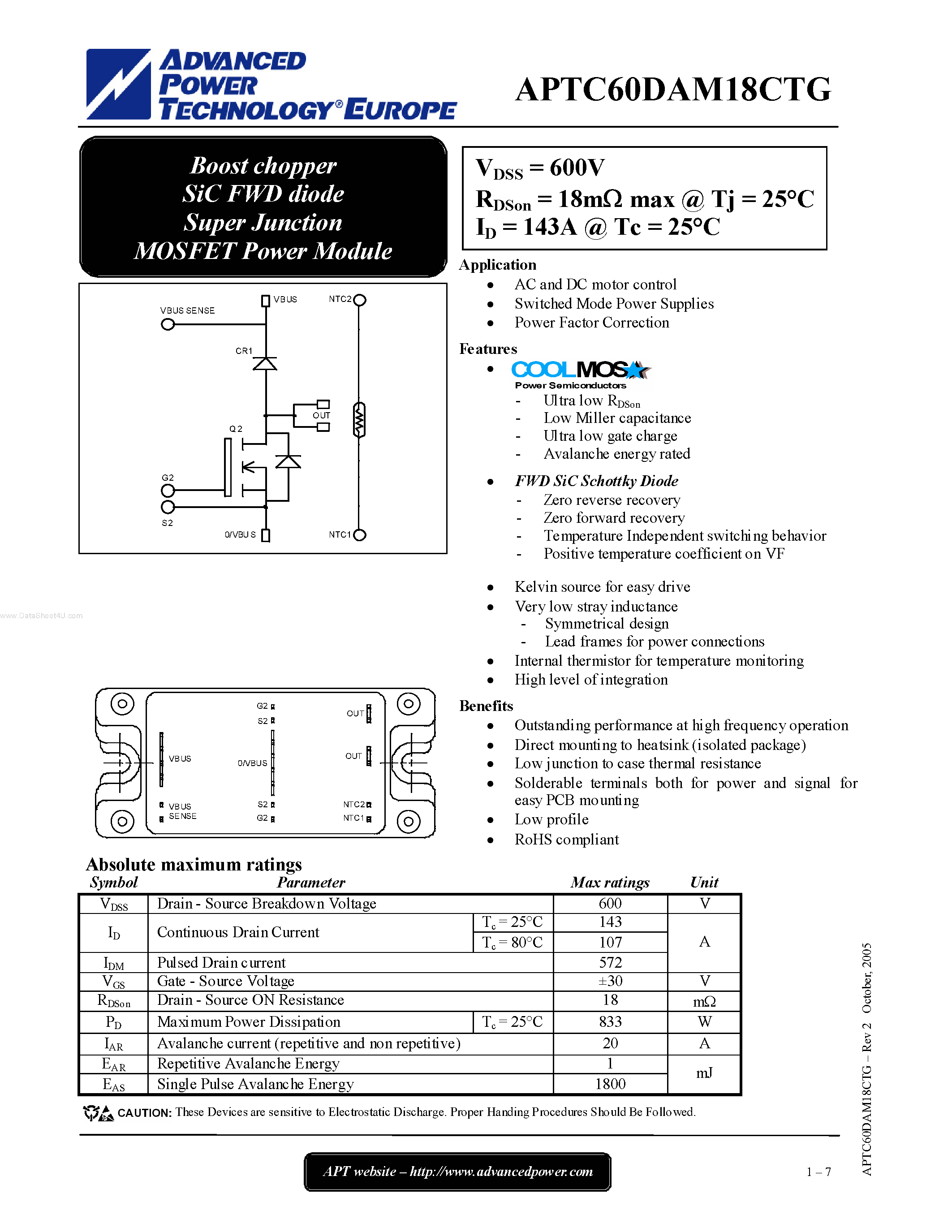 Datasheet APTC60DAM18CTG page 1 Datasheet APTC60DAM18CTG - Boost chopper SiC FWD diode Super Junction MOSFET Power Module page 1