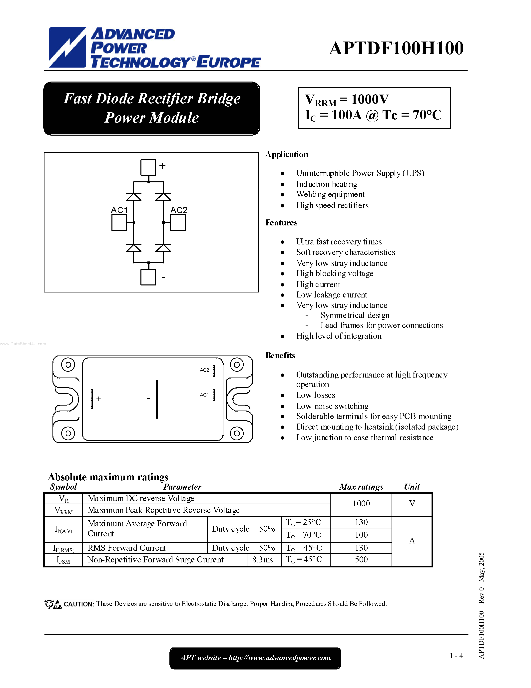 Datasheet APTDF100H100 page 1 Datasheet APTDF100H100 - Fast Diode Rectifier Bridge Power Module page 1