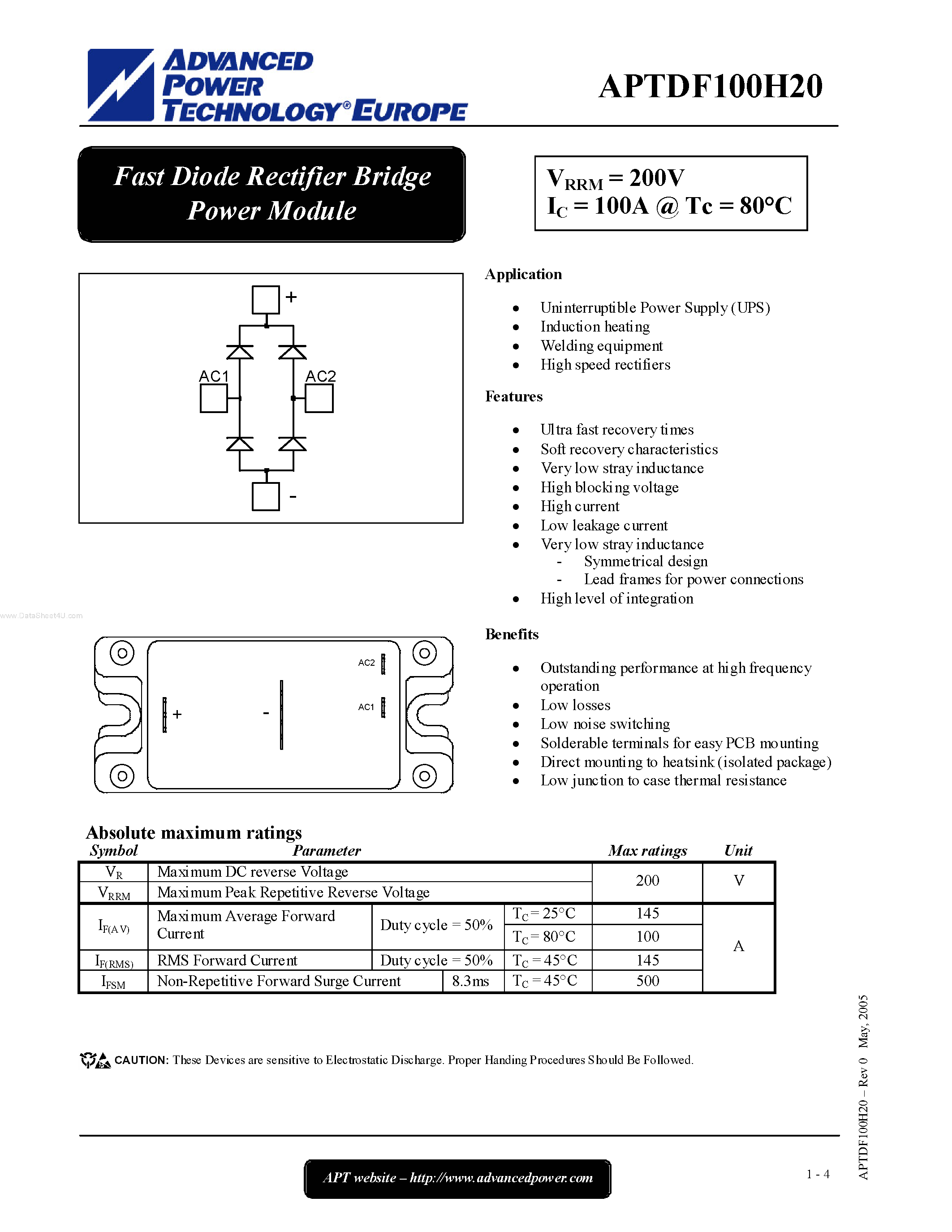 Datasheet APTDF100H20 - Fast Diode Rectifier Bridge Power Module page 1