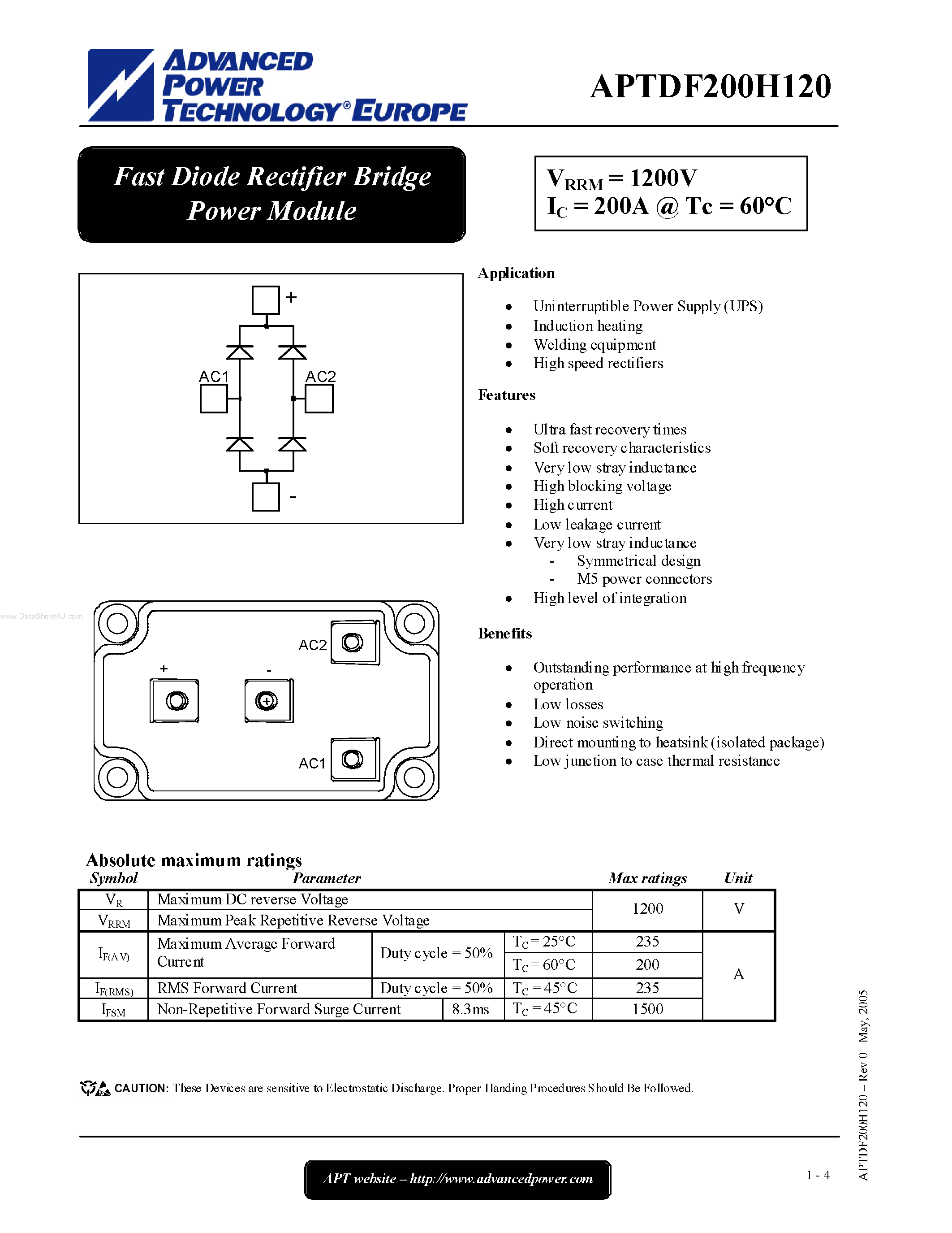 Datasheet APTDF200H120 page 1 Datasheet APTDF200H120 - Fast Diode Rectifier Bridge Power Module page 1