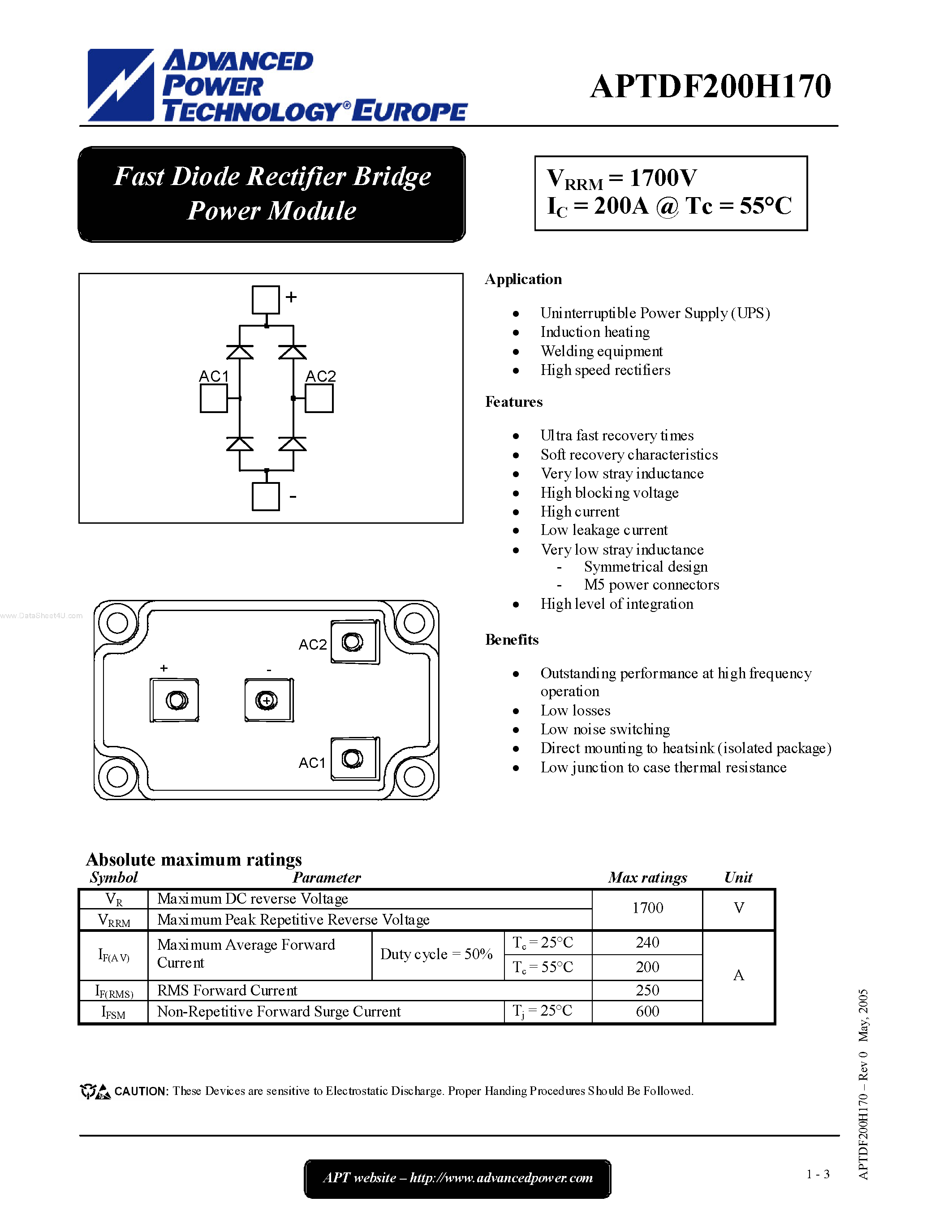 Datasheet APTDF200H170 - Fast Diode Rectifier Bridge Power Module page 1