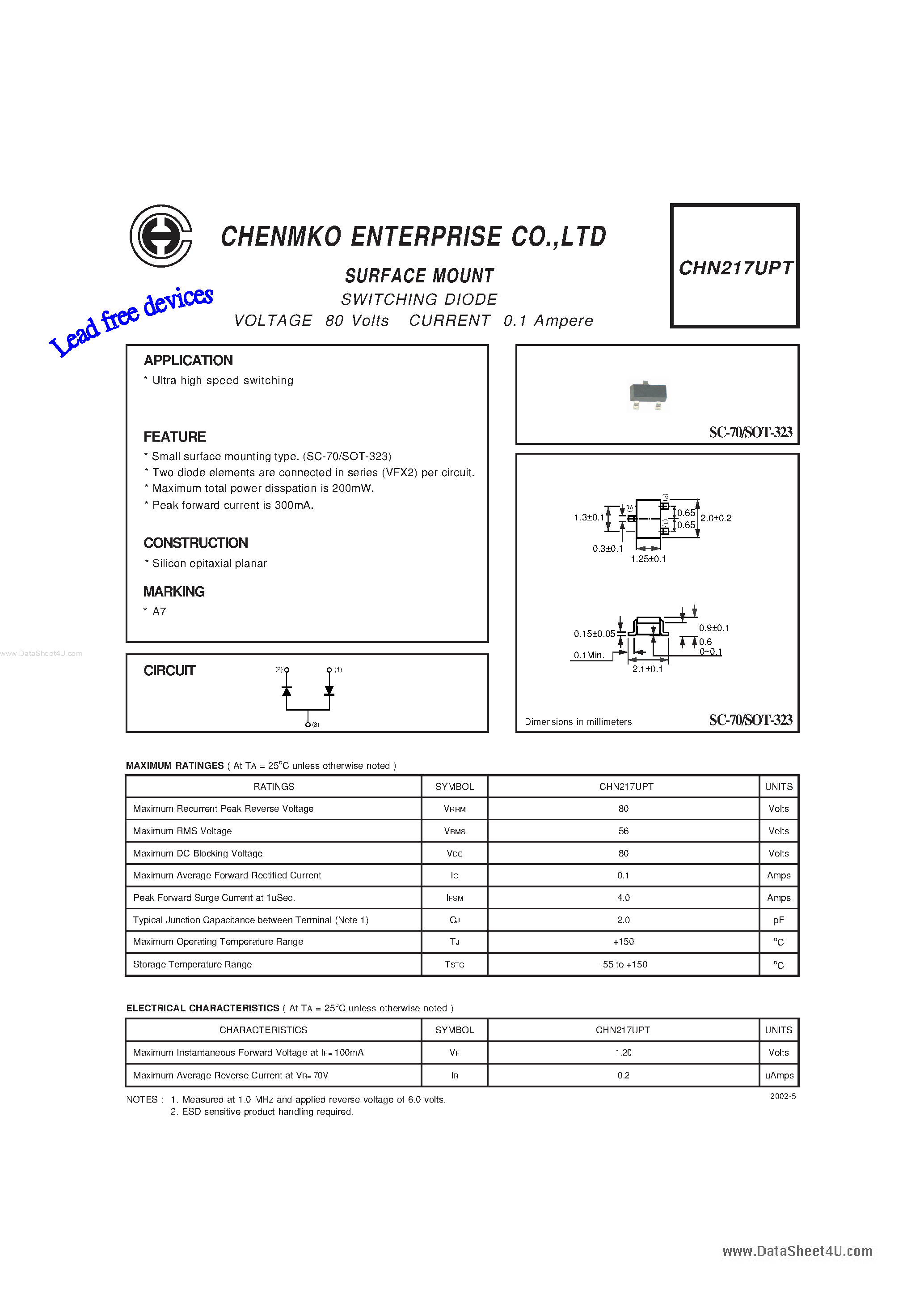 Даташит на микросхему CHN217UPT страница 1 Даташит CHN217UPT - SURFACE MOUNT SWITCHING DIODE страница 1