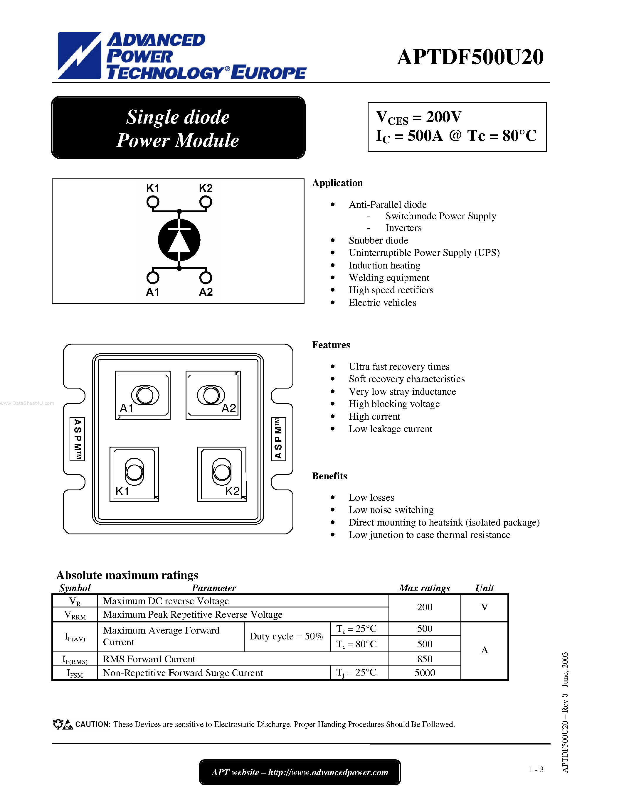 Datasheet APTDF500U20 - Single diode Power Module page 1