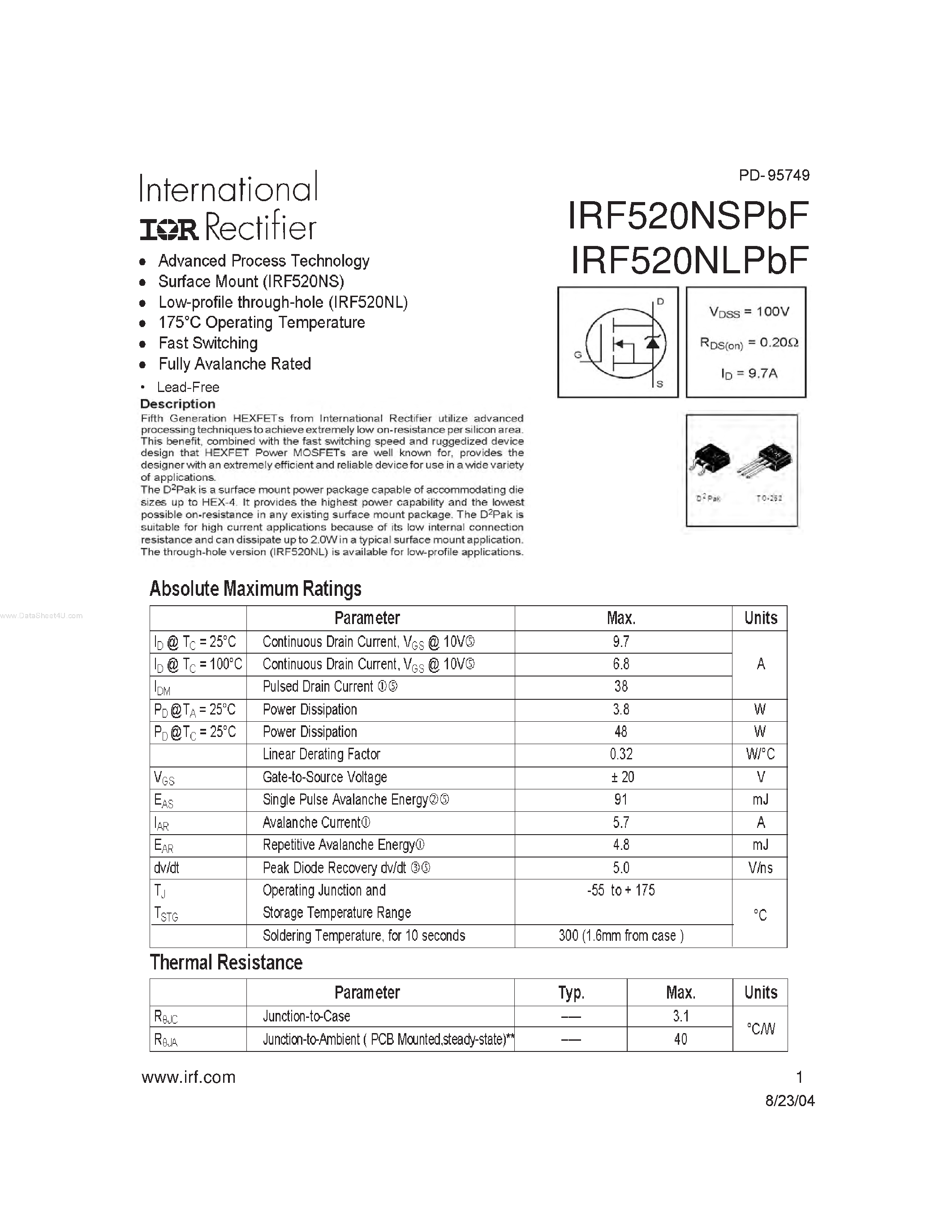 Datasheet IRF520NLPBF - HEXFET Power MOSFET page 1