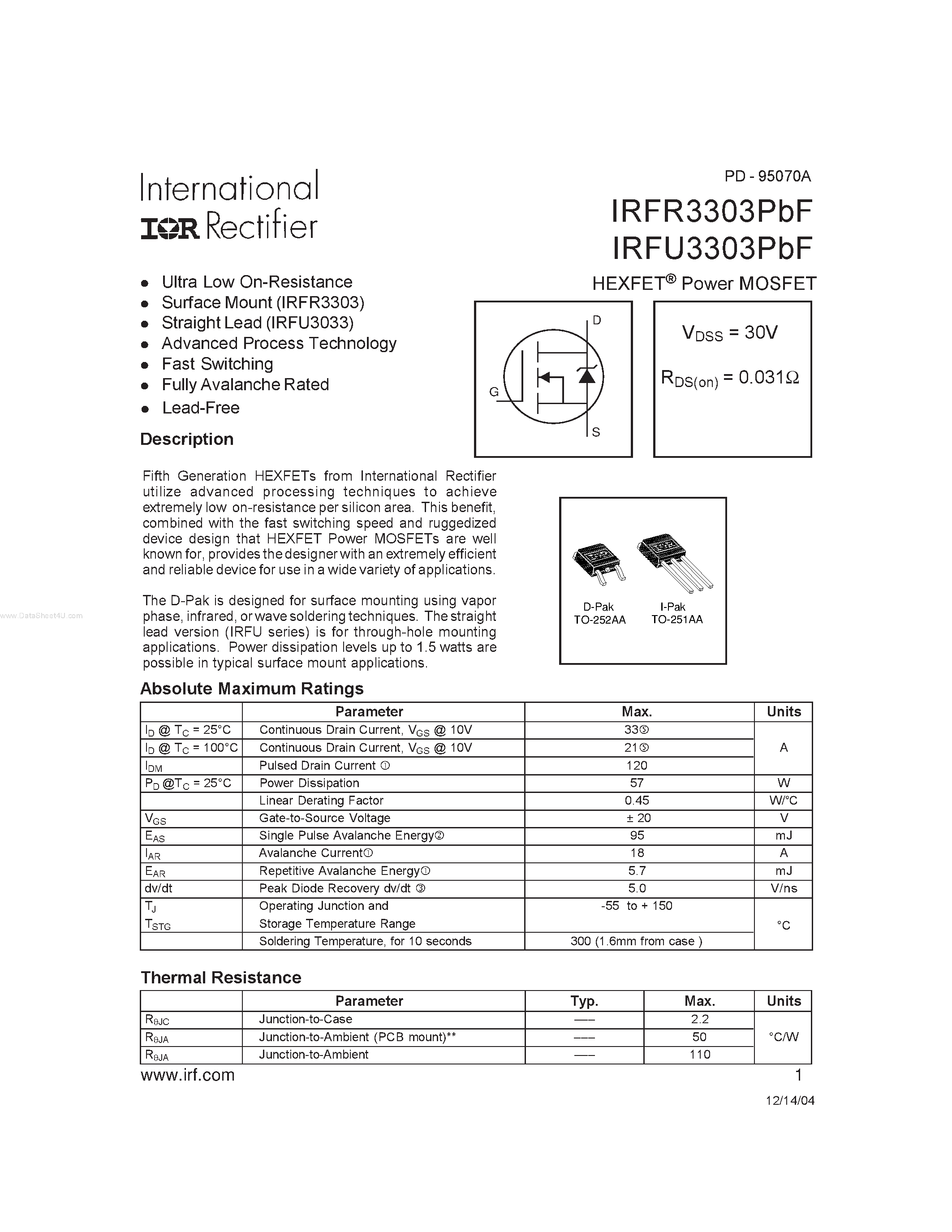 Datasheet IRFR3303PBF - HEXFET Power MOSFET page 1