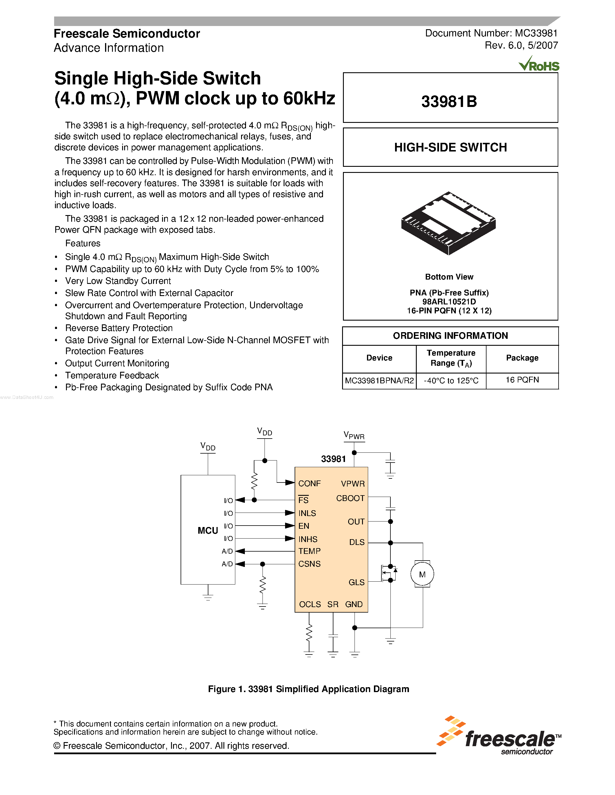 Даташит на микросхему MC33981B страница 1 Даташит MC33981B - Single High-Side Switch страница 1