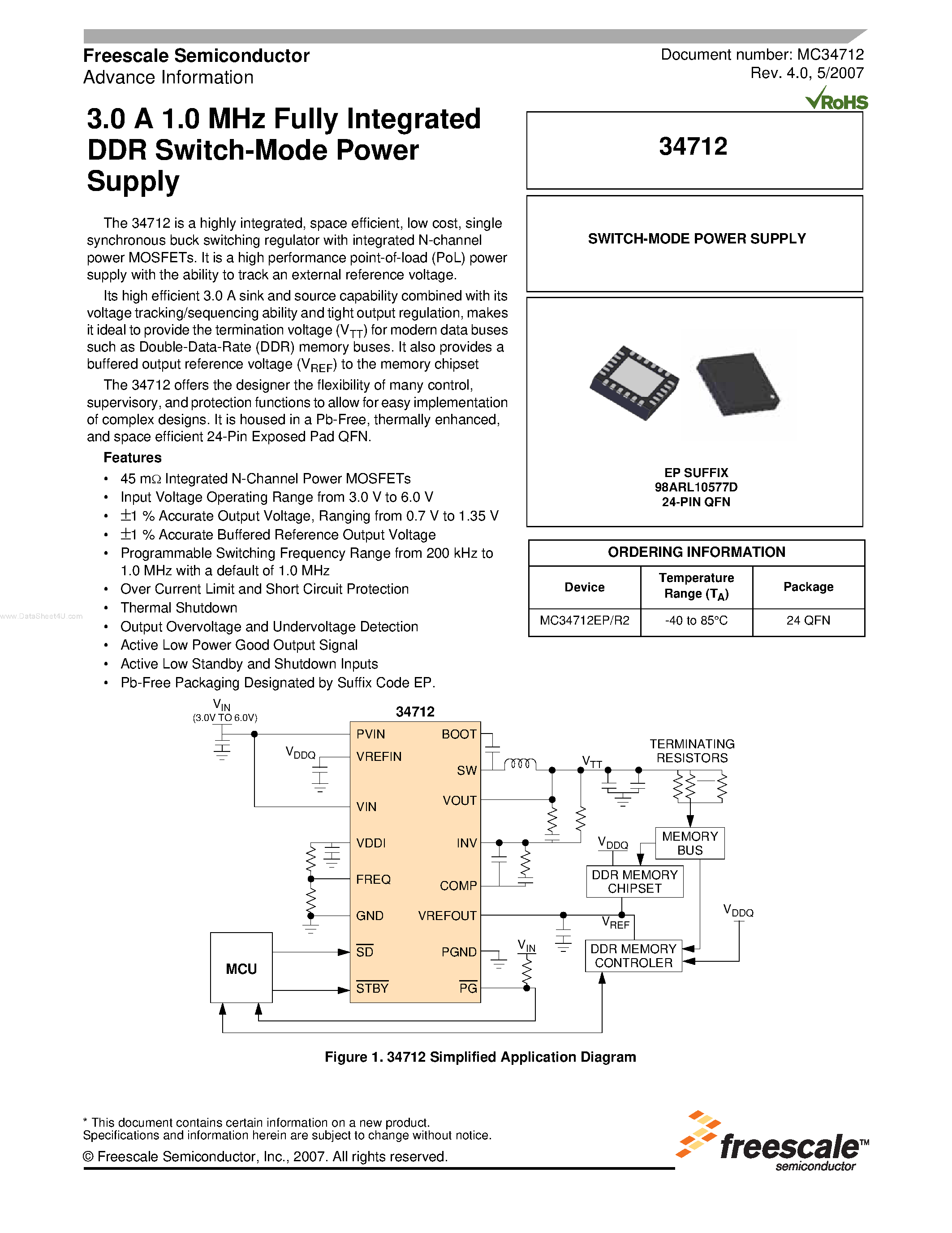 Datasheet MC34712 page 1 Datasheet MC34712 - Fully Integrated DDR Switch-Mode Power Supply page 1