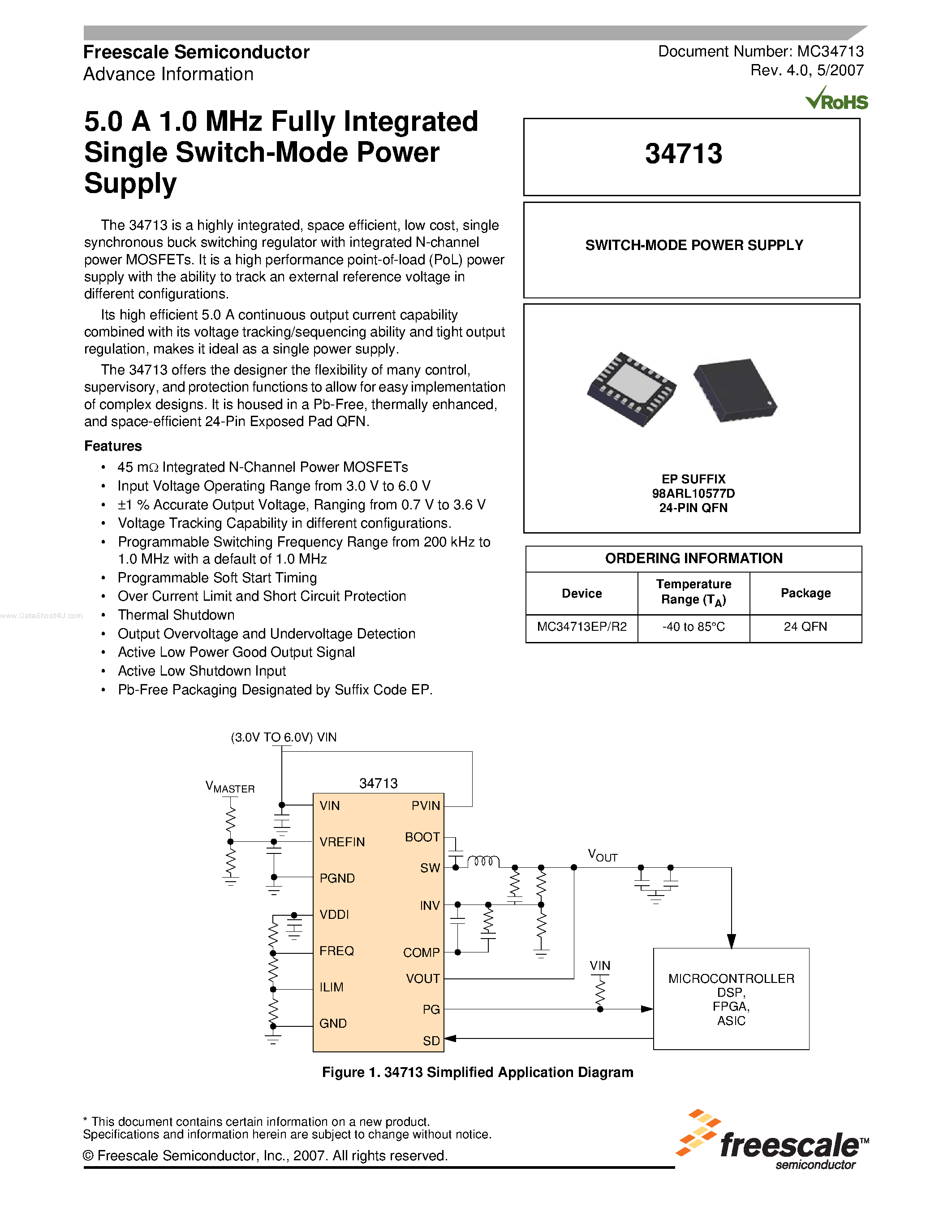 Datasheet MC34713 page 1 Datasheet MC34713 - Fully Integrated Single Switch-Mode Power Supply page 1