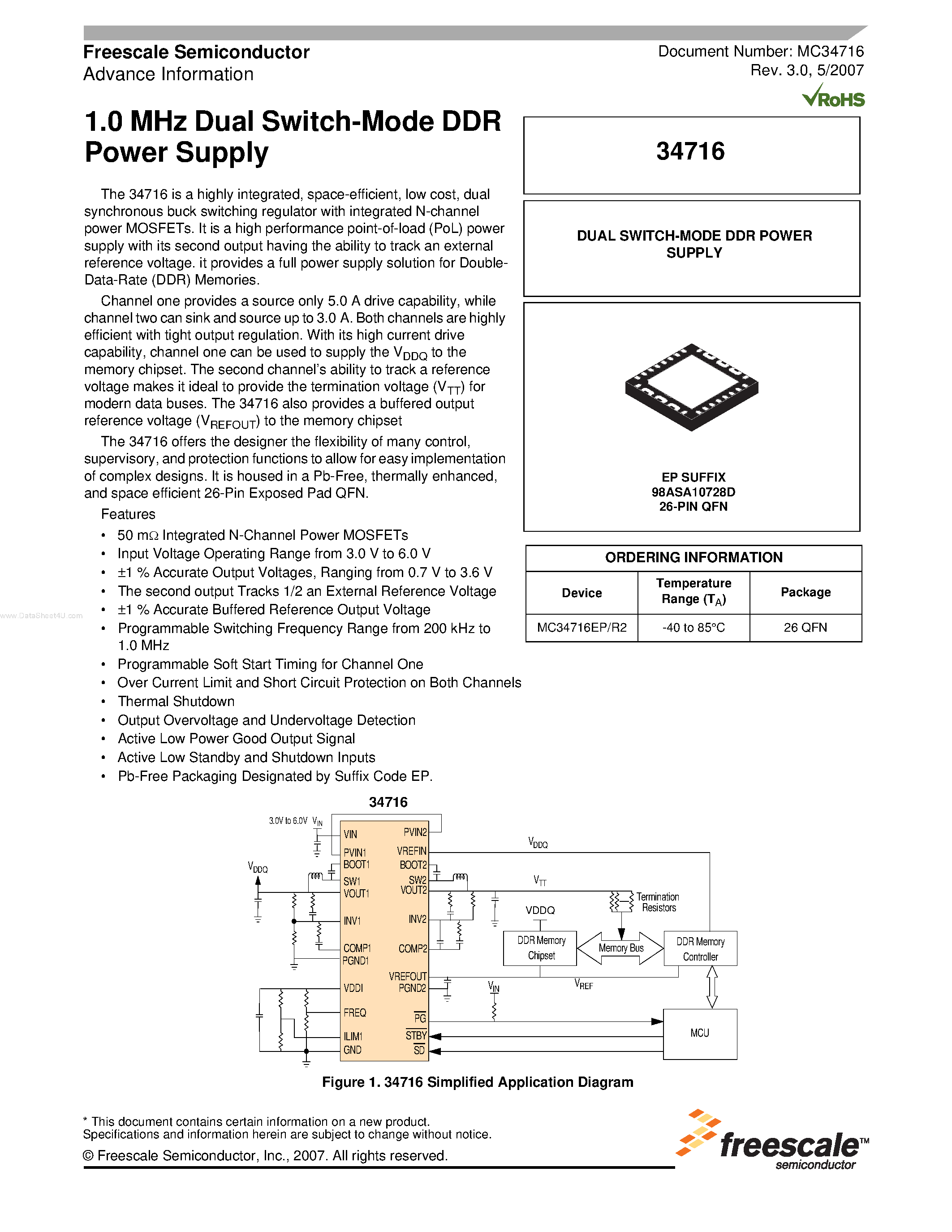 Datasheet MC34716 page 1 Datasheet MC34716 - Dual Switch-Mode DDR Power Supply page 1