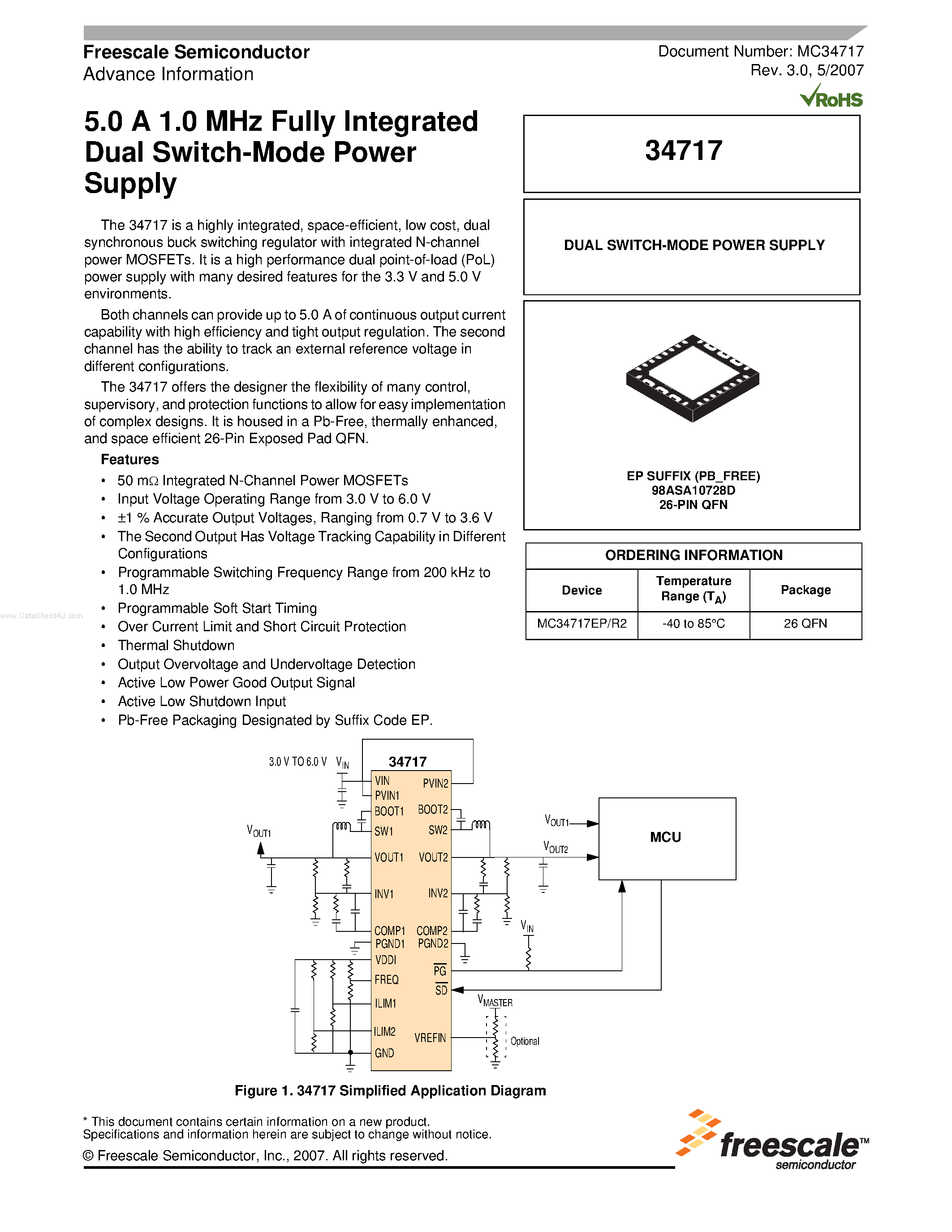 Datasheet MC34717 page 1 Datasheet MC34717 - Fully Integrated Dual Switch-Mode Power Supply page 1