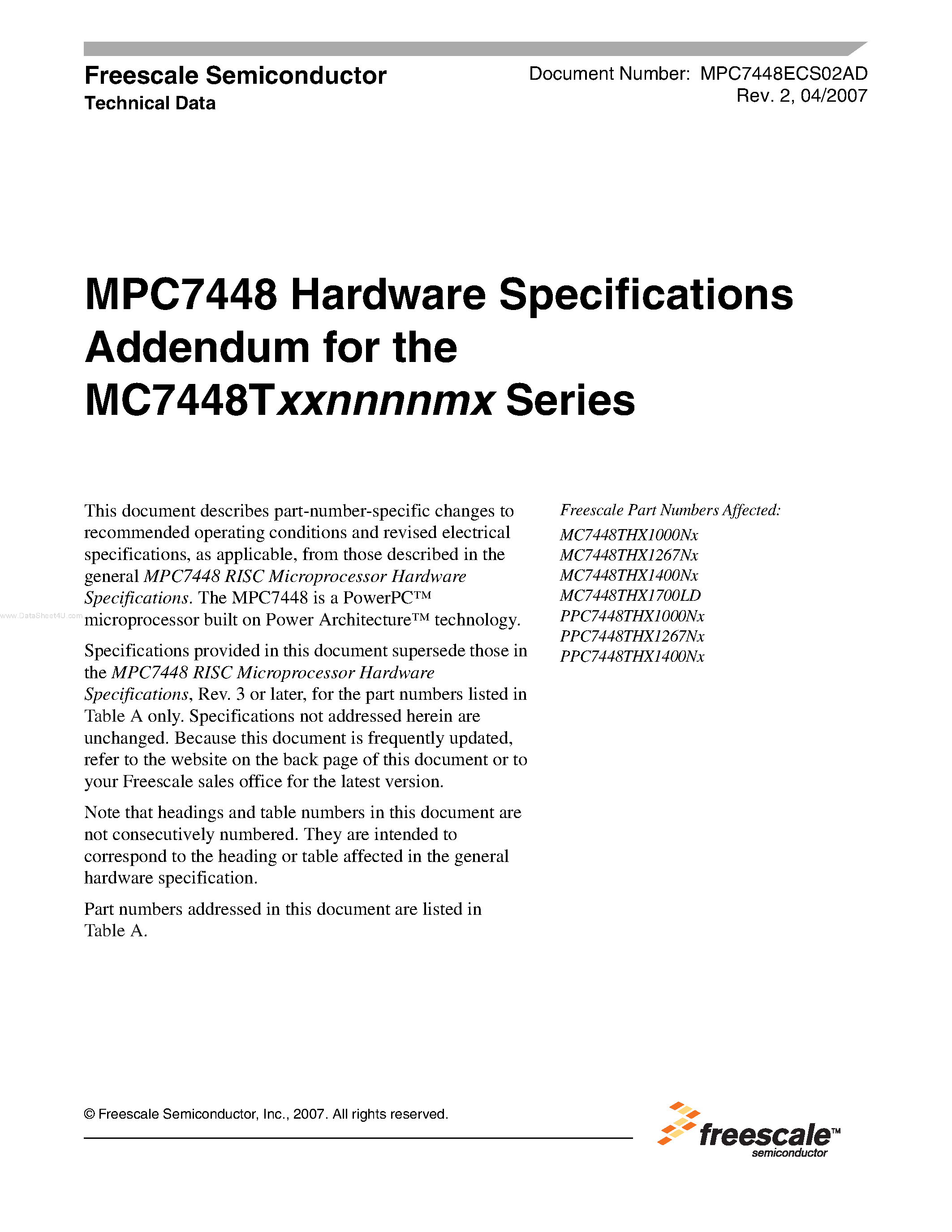 Datasheet MC7448Txx page 1 Datasheet MC7448Txx - Hardware Specifications Addendum page 1