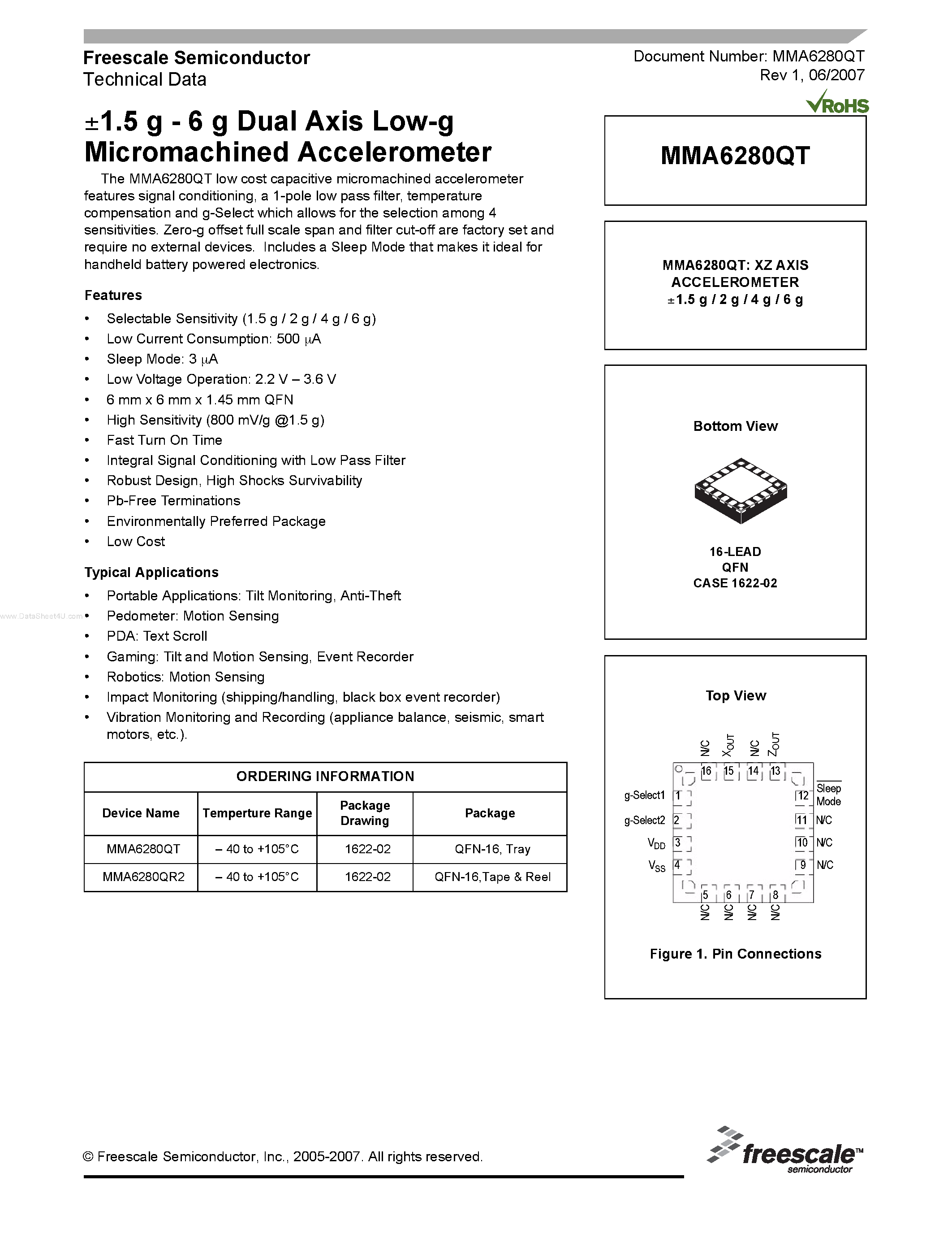 Datasheet MMA6280QT page 1 Datasheet MMA6280QT - Dual Axis Low-g Micromachined Accelerometer page 1