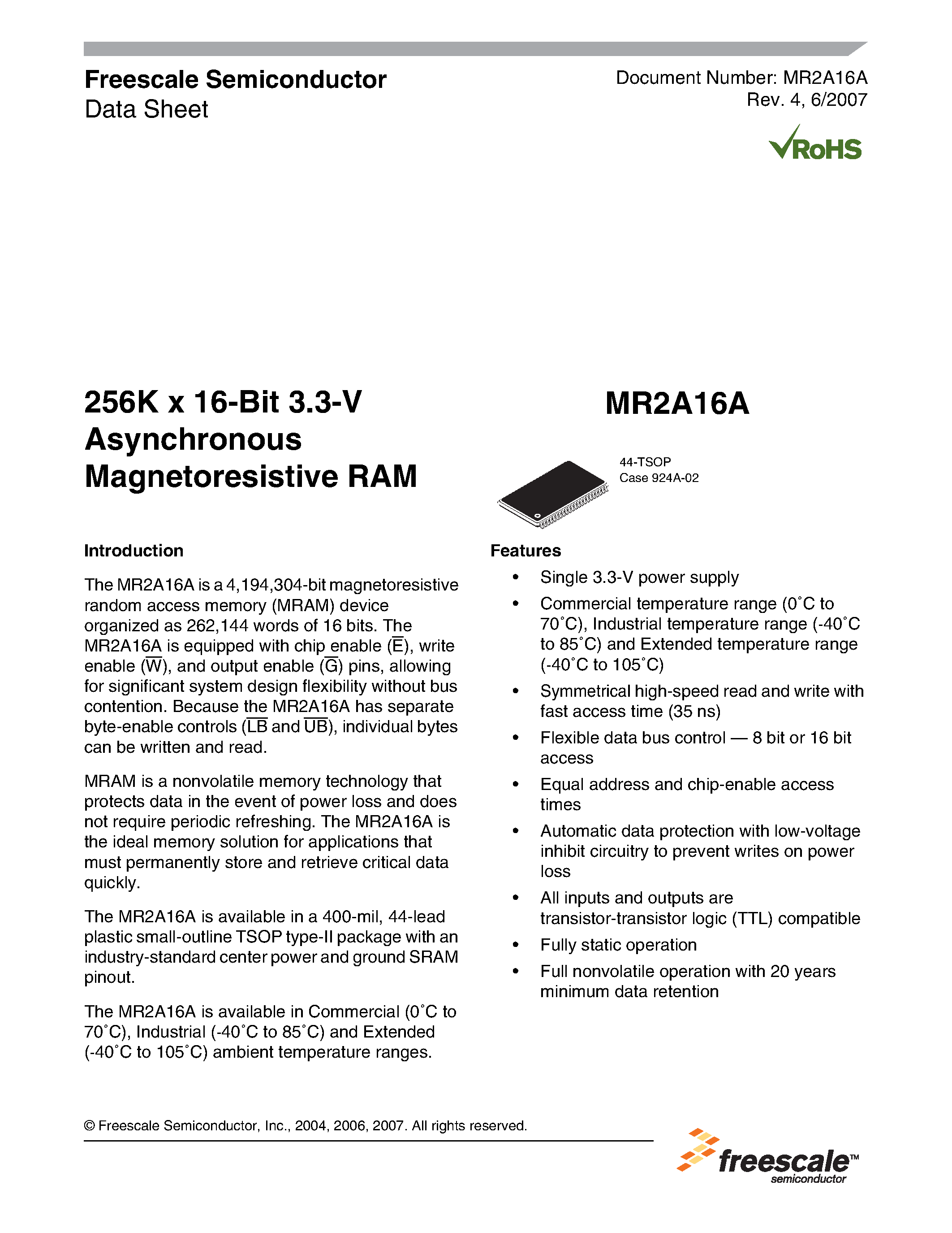 Даташит MR2A16A - 256K x 16-Bit 3.3-V Asynchronous Magnetoresistive RAM страница 1
