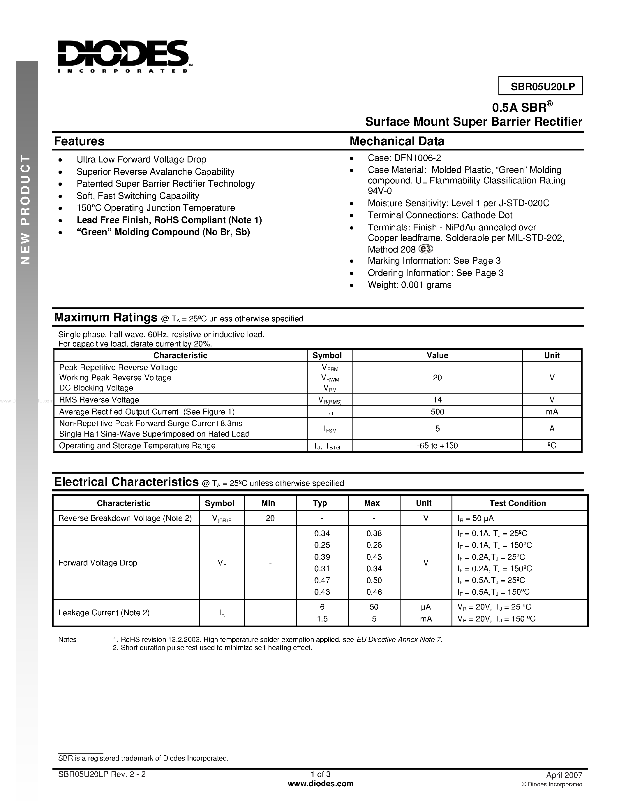 Datasheet SBR05U20LP - Surface Mount Super Barrier Rectifier page 1