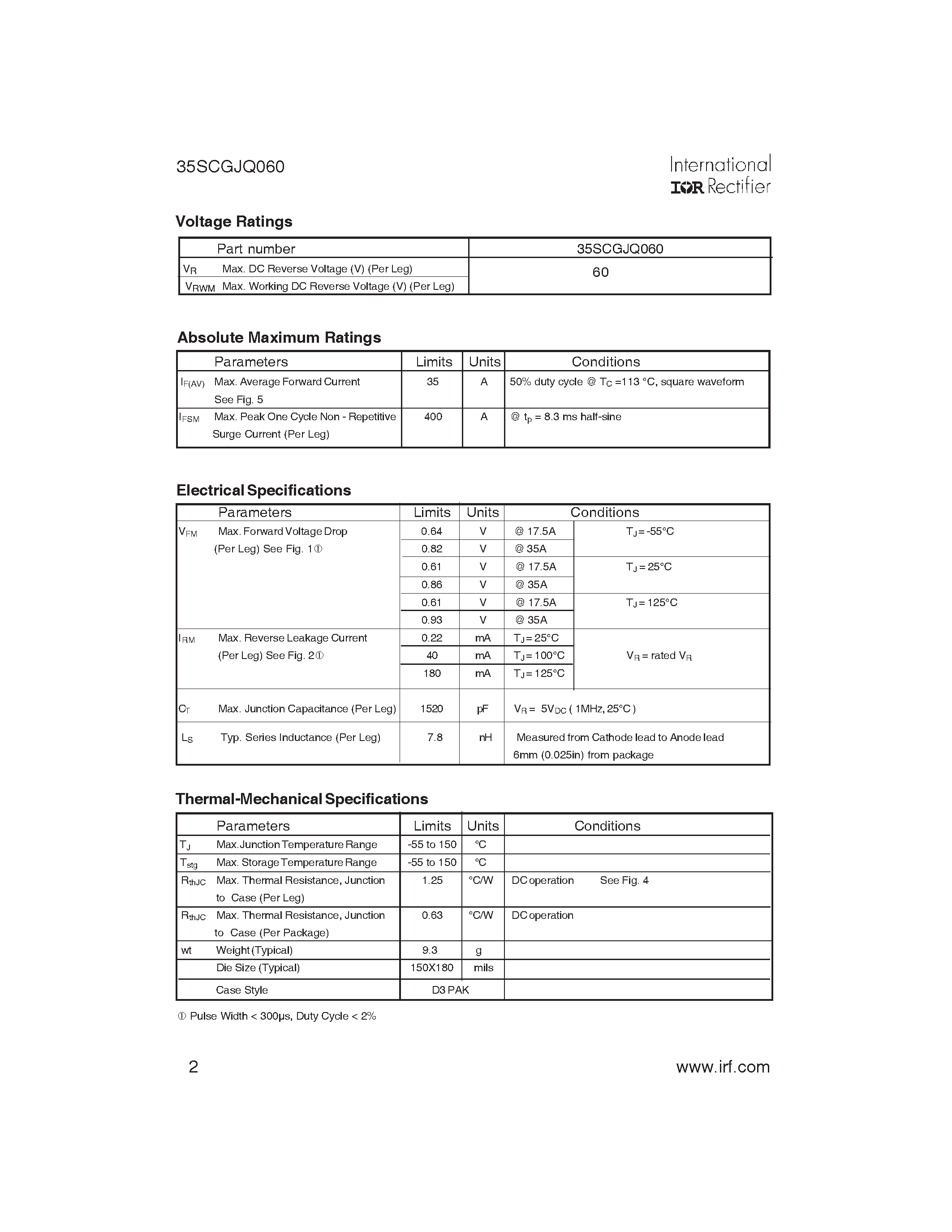 Datasheet 35SCGJQ060 page 2 Datasheet 35SCGJQ060 - SCHOTTKY RECTIFIER page 2
