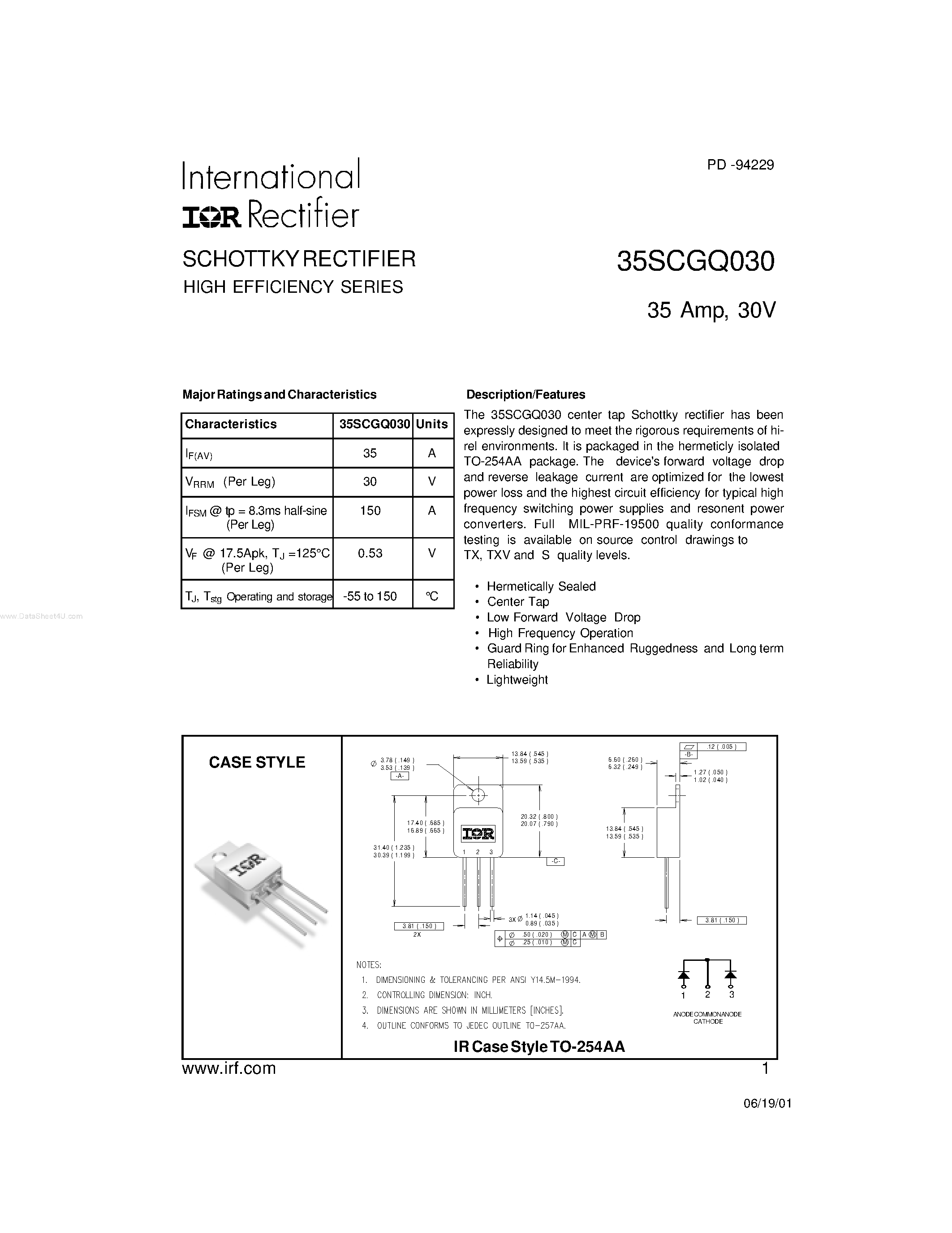 Datasheet 35SCGQ030 - SCHOTTKY RECTIFIER page 1
