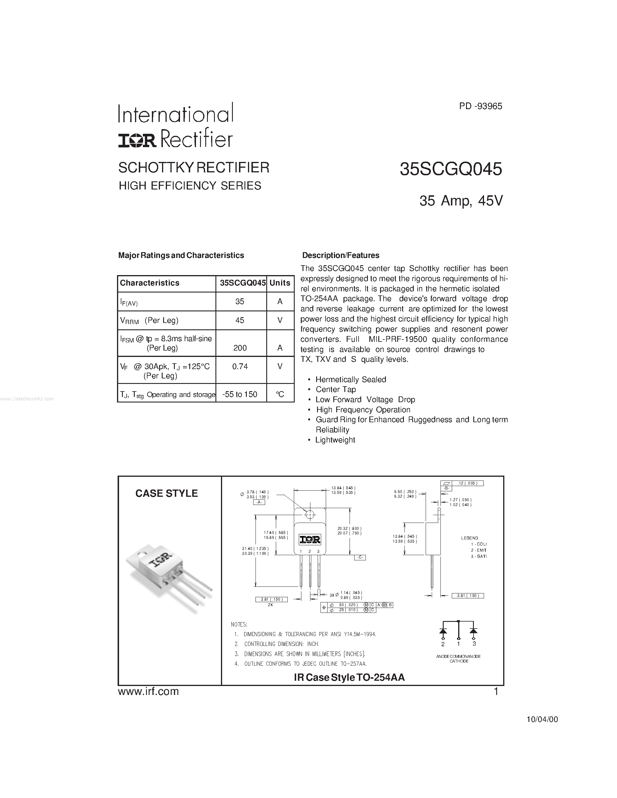 Datasheet 35SCGQ045 - SCHOTTKY RECTIFIER page 1